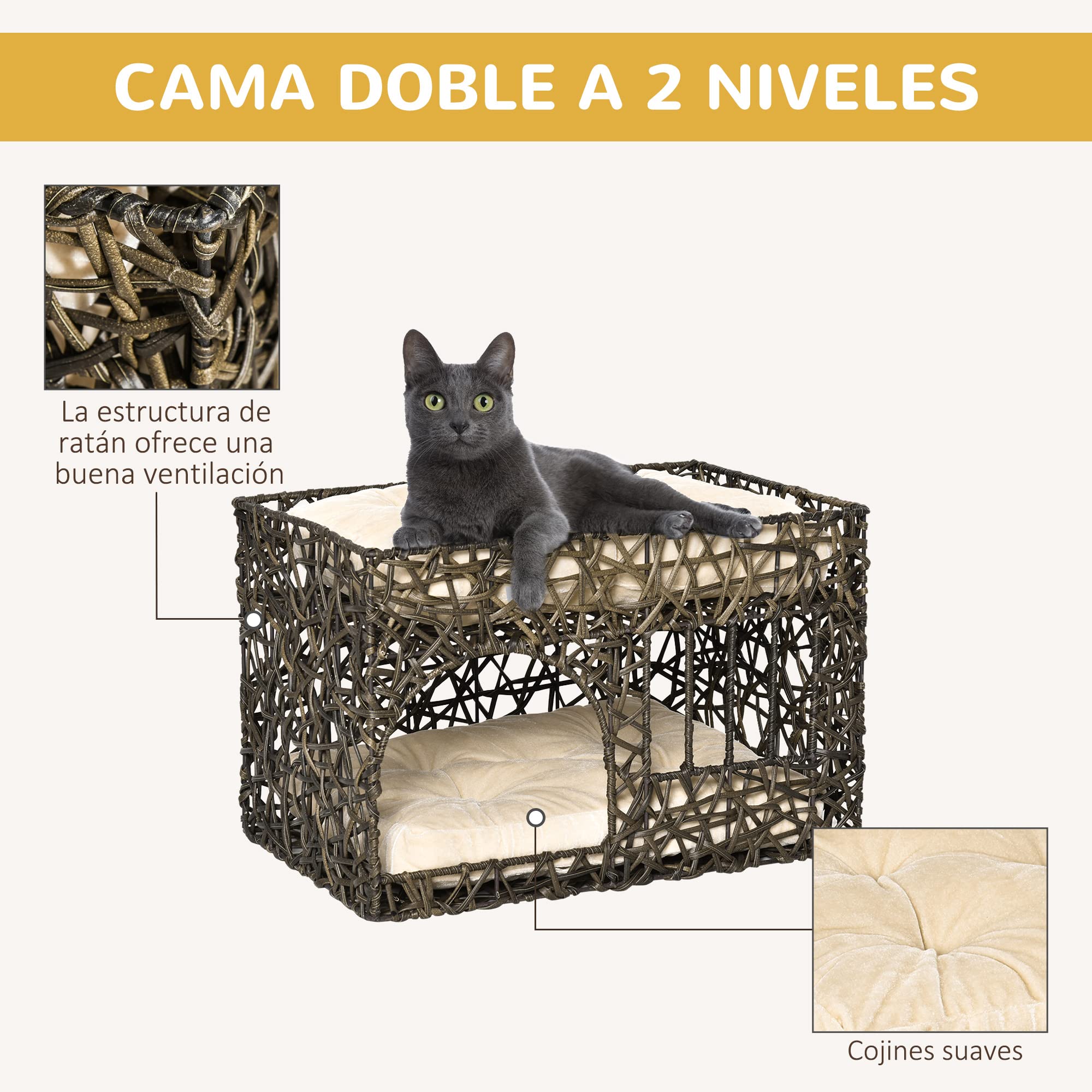 PawHut Cesta de Ratán para Gatos con 2 Cojines 56x41x45 cm Café Oscuro | Suaves, Ventana de 2 Alturas, Cama Cueva de Gatos