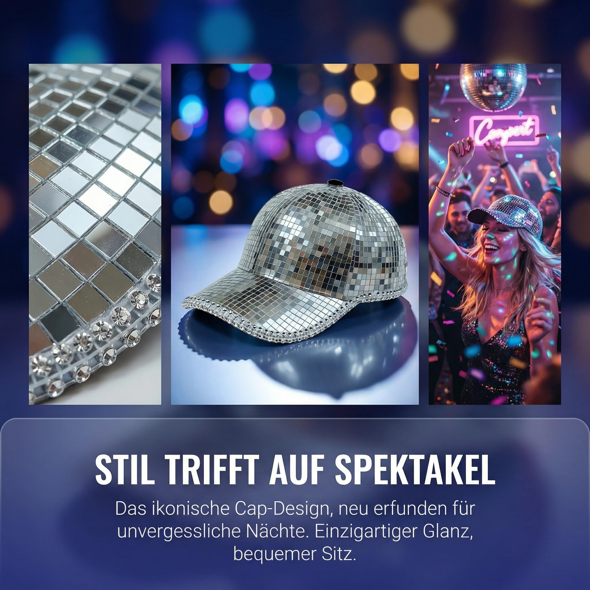Faschingshut Damen mit starker Lichtreflexion für Karneval & Mottopartys, Pailletten Hut Damen mit Glaseinsätzen zur Lichtreflexion, Glitzer Hut Herren perfekt für Bars & Nachtclubs zum Hervorstechen