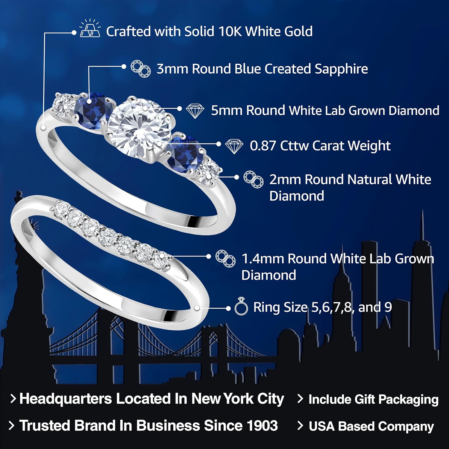 Gem Stone King 10K White Gold Lab Grown Diamond and Blue Created Sapphire 5-Stone Bridal Engagement Wedding Ring Set For Women | 0.89 Cttw | Round: 5MM and 3MM | Available In Size 5, 6, 7, 8, 9