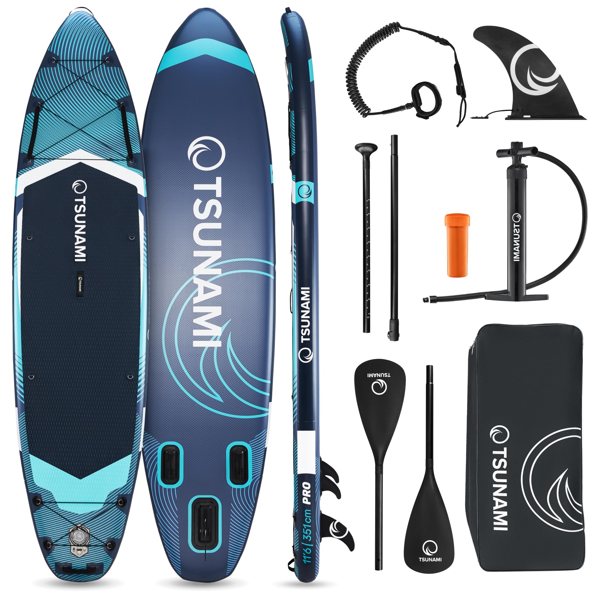 TSUNAMI Stand Up Paddling Board PRO, SUP-Board mit Komplettes Zubehör, Pumpe und Sicherheitsleine, Tragkraft bis 160kg, Länge 350cm, Doppeltes Material und zusätzliche interne Verstärkungen