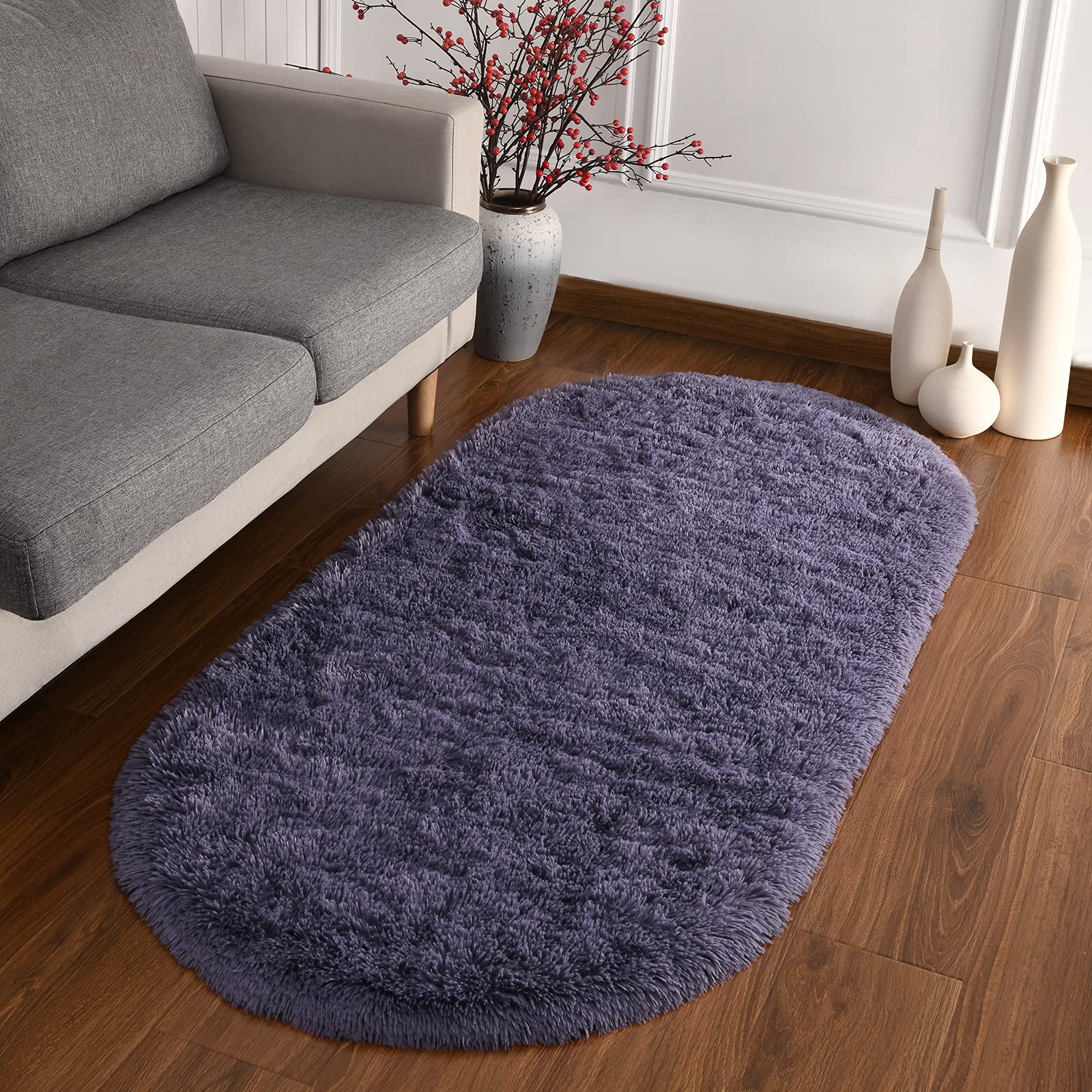 Sanmu morbido velluto tappeto di seta semplice stile moderno ovale Shaggy Tappeto moda tappeto per sala da pranzo, salotto rosa Rugs for Girls Room Home Decor 2.6 'x 5.3' Grey-purple