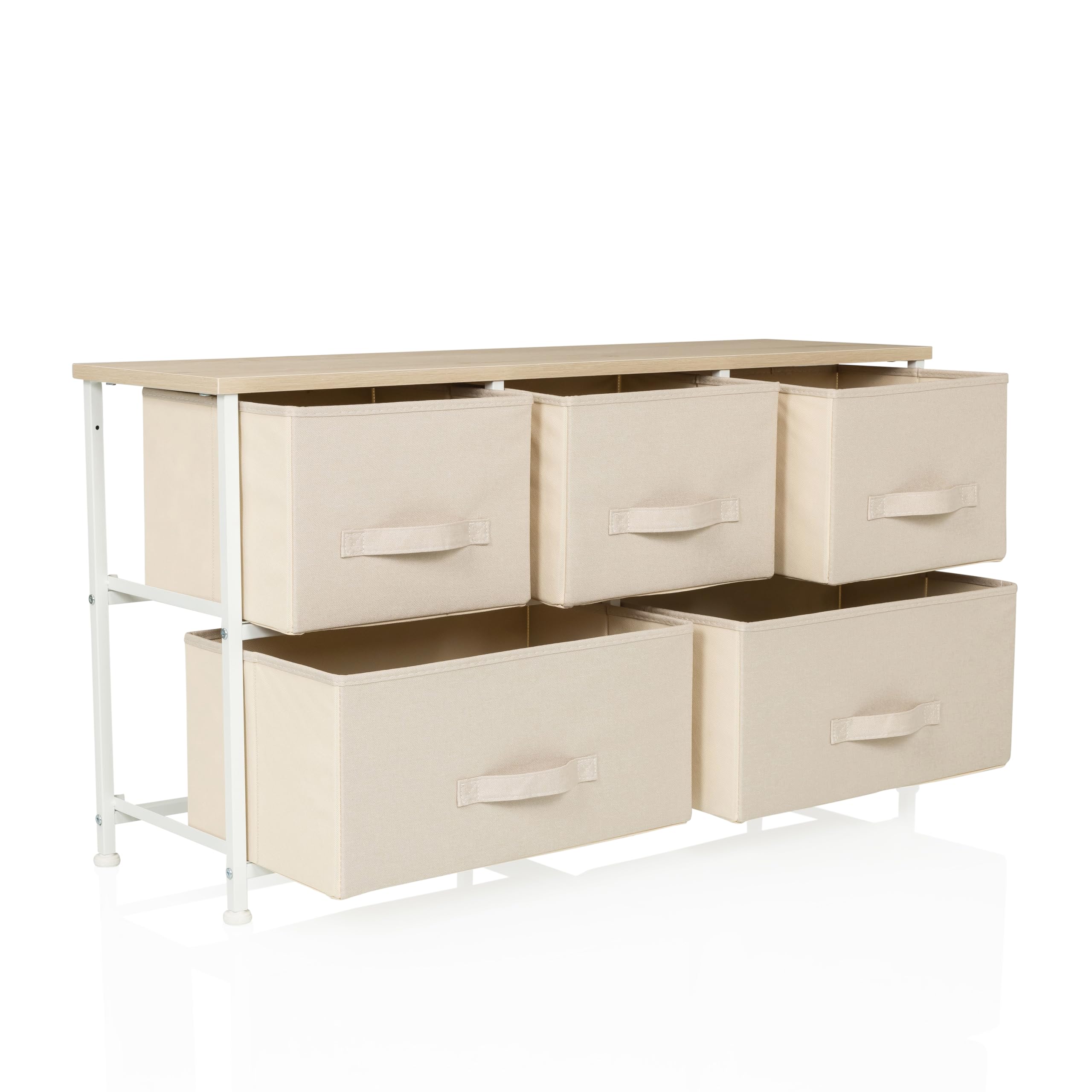 Kommode mit 5 Stoffschubladen, 100x30x55 cm, Beige | Schubladenkommode Organizer, höhenverstellbare Fußgleiter, Metall-Gestell