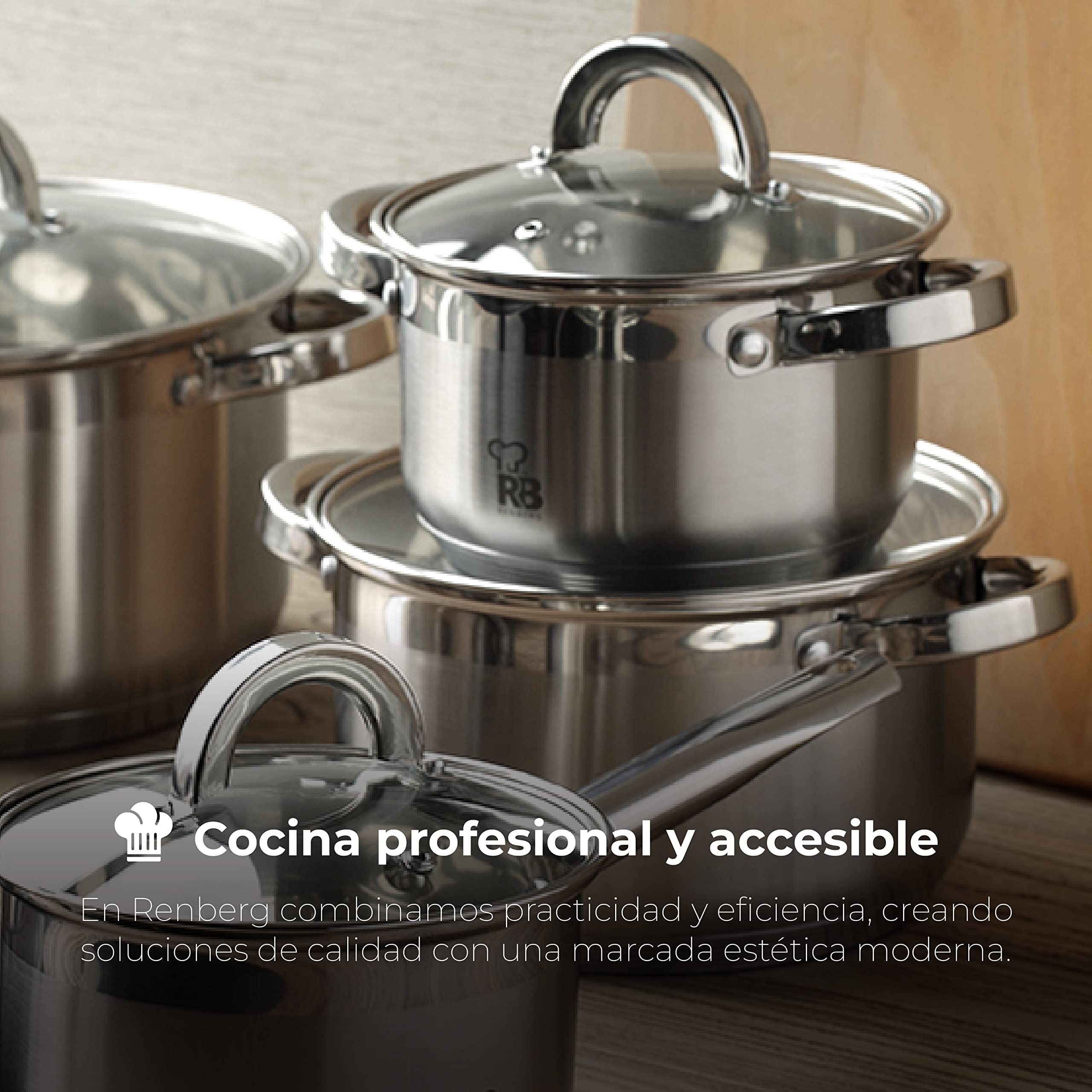 RENBERG Alexander | Cacerola de Cocina | Cacerola de 24 x 14.5 cm y 6,3 Litros con Tapa de Cristal | Acero Inoxidable | Menaje de Cocina | Fondo Encapsulado de 5 Capas | Todo Tipo de Cocinas