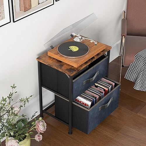 Miniatura 9 de GOFLAME Mesita de noche industrial, cómoda de 2 cajones con marco de metal, mesa auxiliar de cama multifuncional con dispositivo anti-caída para