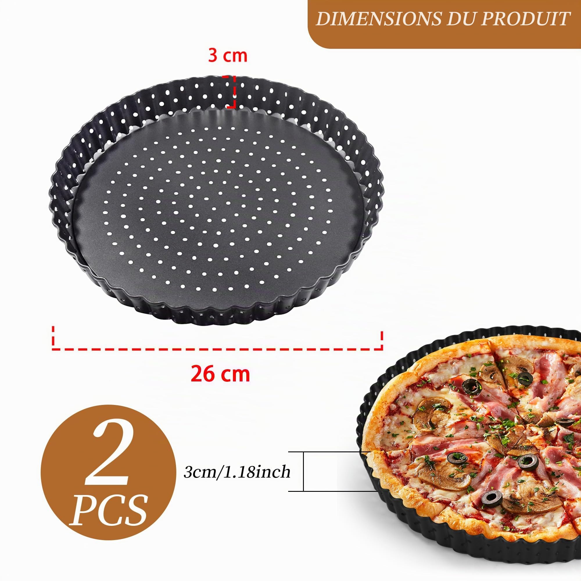 Lot de 2 moules à quiche perforés avec fond amovible 26 cm | Moule à quiche rond et perforé anti-adhésif à fond amovible avec trous pour la cuisson