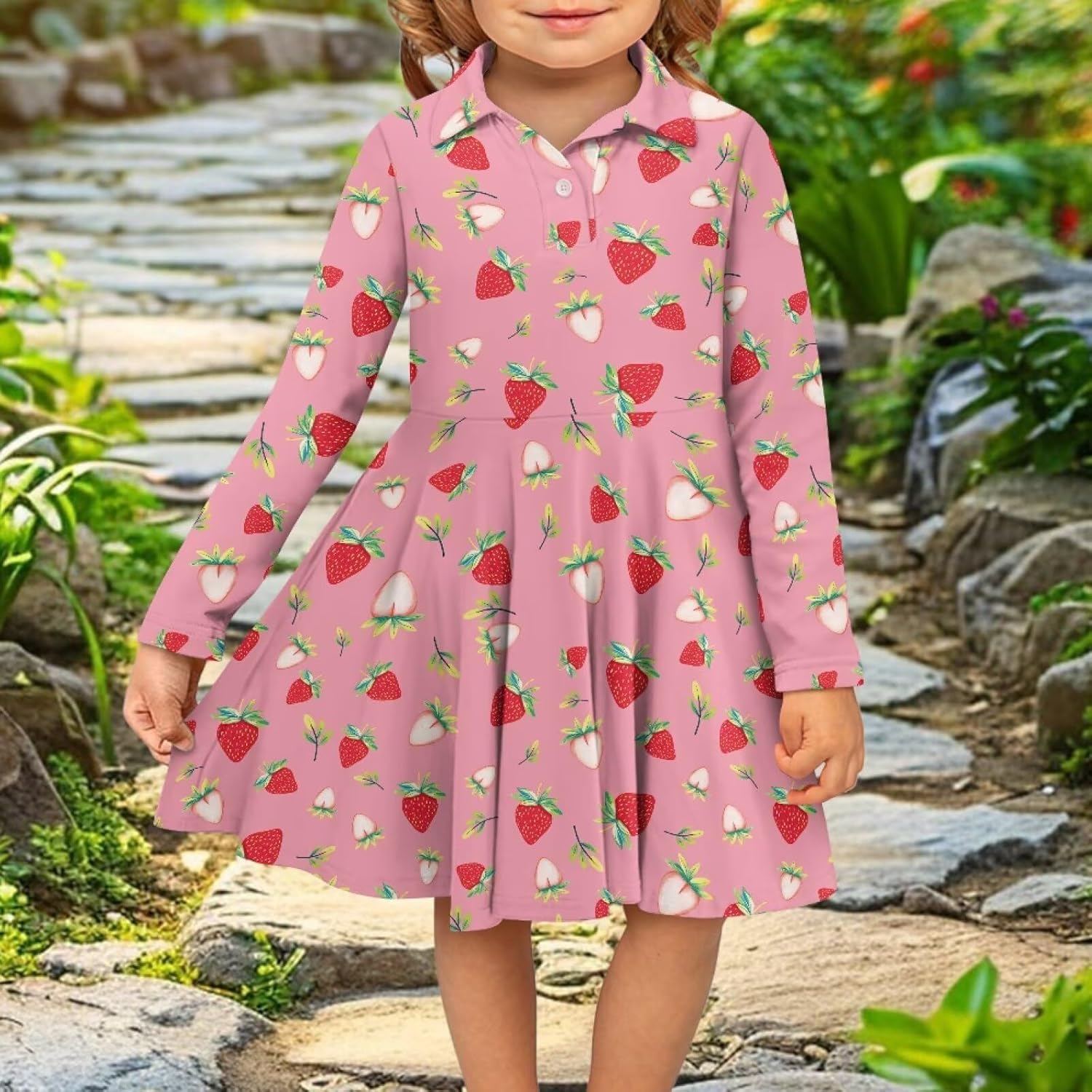 Girls A-Line Dress Fall Long Sleeve Sundress Casual Lapel Collar Dresses for Outing Gifts