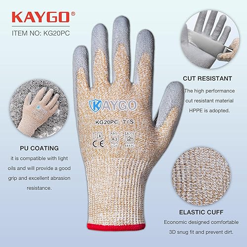 Miniatura 3 de KAYGO Guantes resistentes a cortes con revestimiento de poliuretano, 3 pares, KG20PC, ANSI corte nivel A3