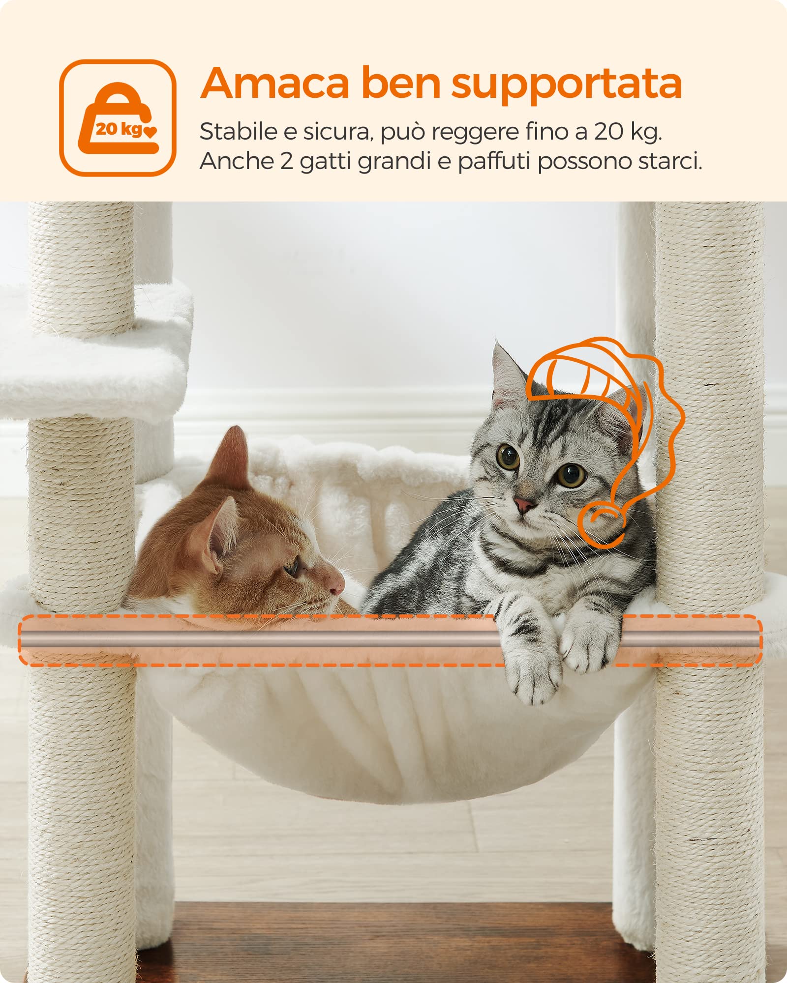 FEANDREA Albero per Gatti, Tiragraffi Moderno 138 cm, Condominio per Gatti a più Livelli con Tiragraffi, Casa sull'Albero con Amaca, Posatoi, Peluche Morbido, Cuscini Lavabili, Marrone Vintage