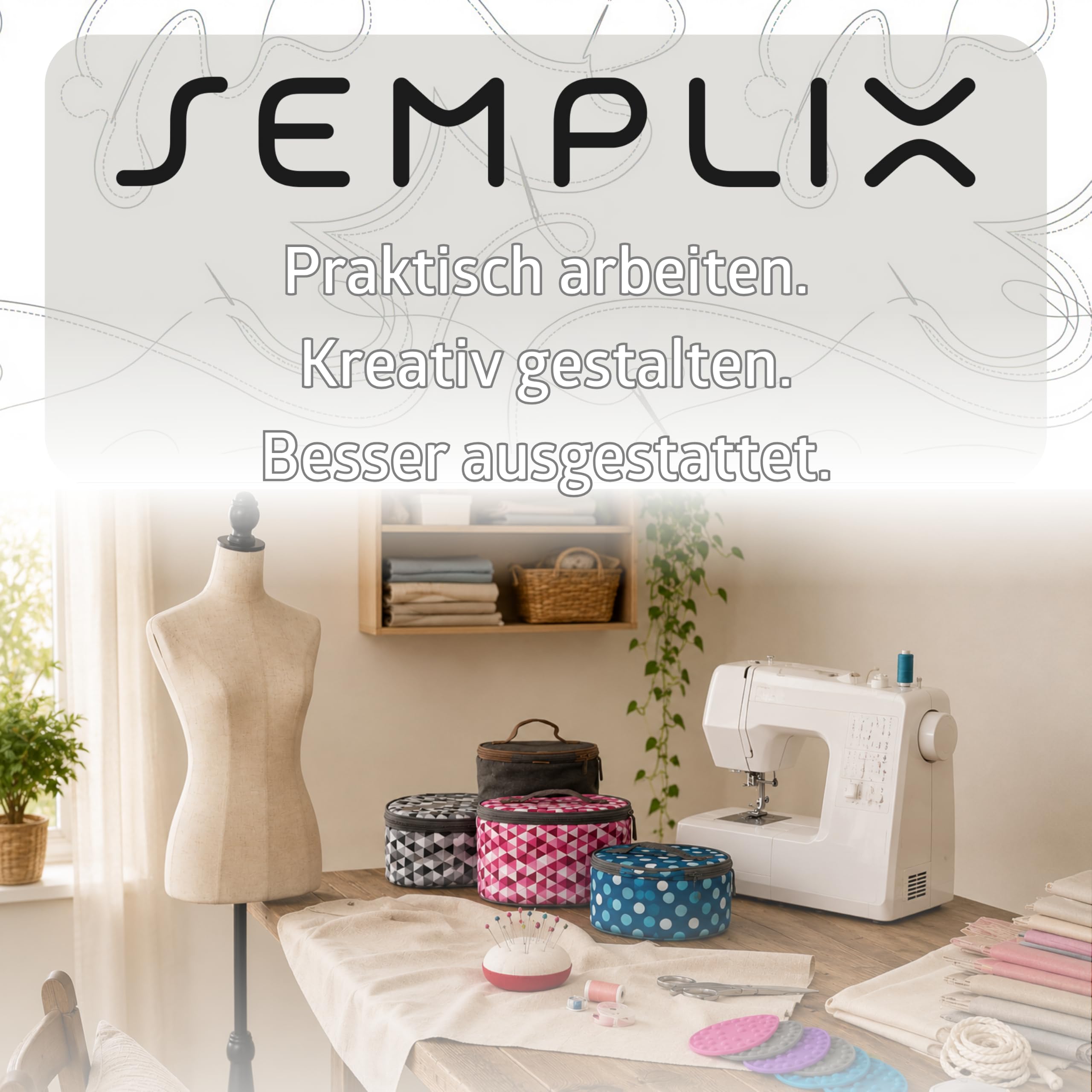 SEMPLIX Nähkorb Größe L gefüllt (30x22x19cm) - kompatibel mit Prym NähzubehörSet/Nähsortiment (im Lieferumfang enthalten) - Polka Dots anthrazit/grau