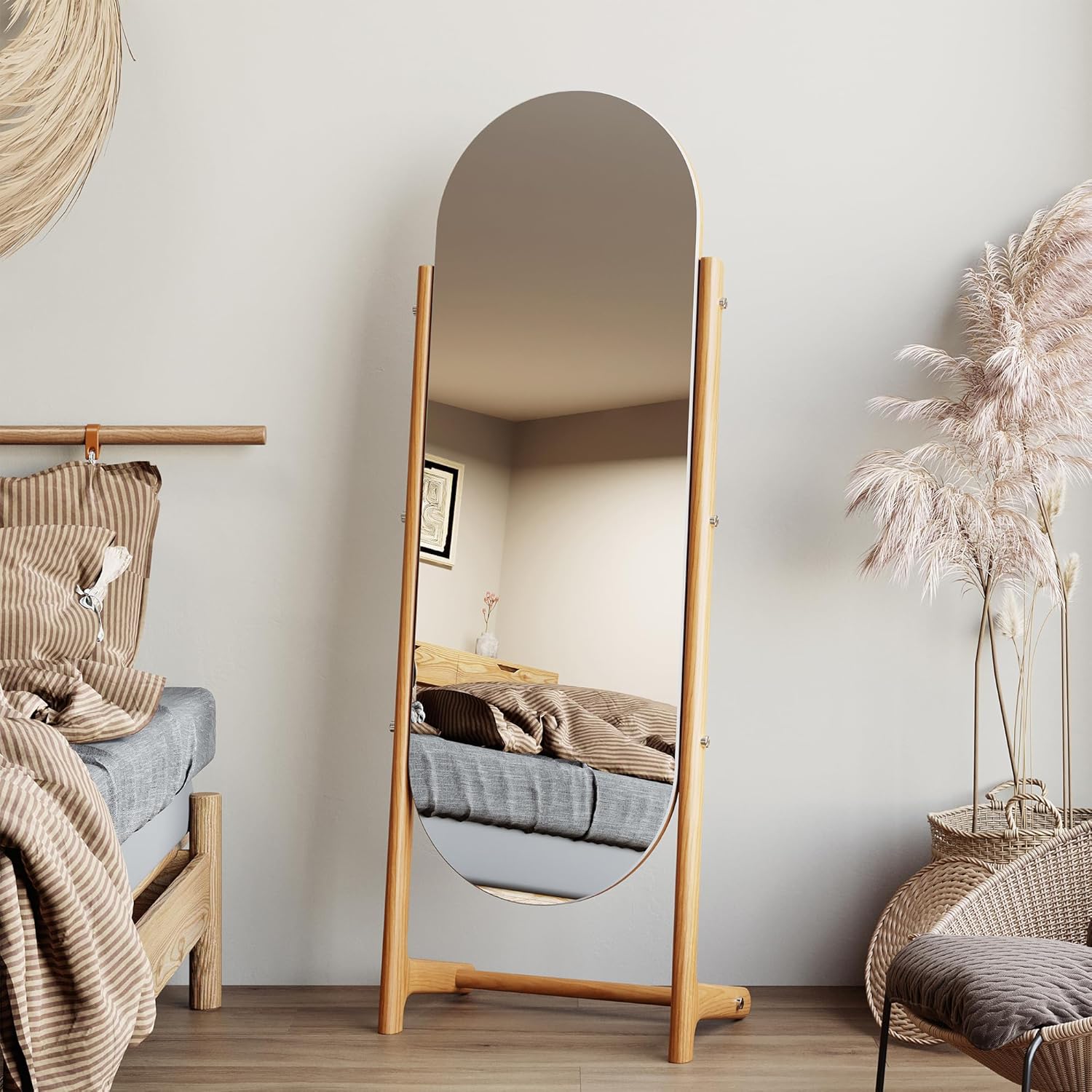 Honyee 55" x 19.5" Full Length Mirror, Oval Floor Mirror with Standing Holder, Elegant Design Cherry Wood Mirror for Cloakroom/Bedroom/Living Room