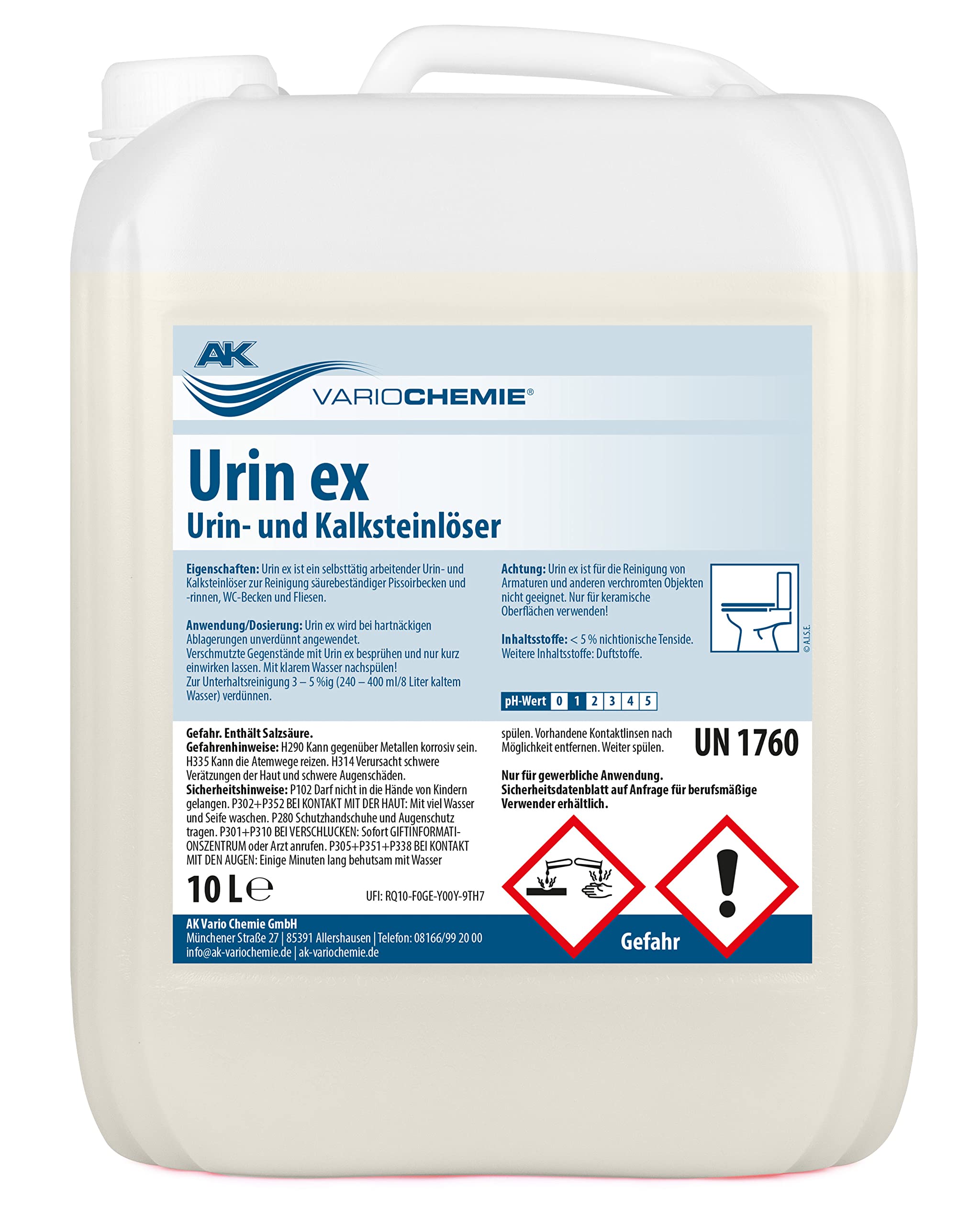 Urinsteinentferner EXTRA STARK - Urin EX 10L - Urin- & Kalksteinlöser - biologisch abbaubar - echtes Profiprodukt - WC-Reiniger antibakteriell und gegen Gerüche - AK VARIOCHEMIE, Made in Germany