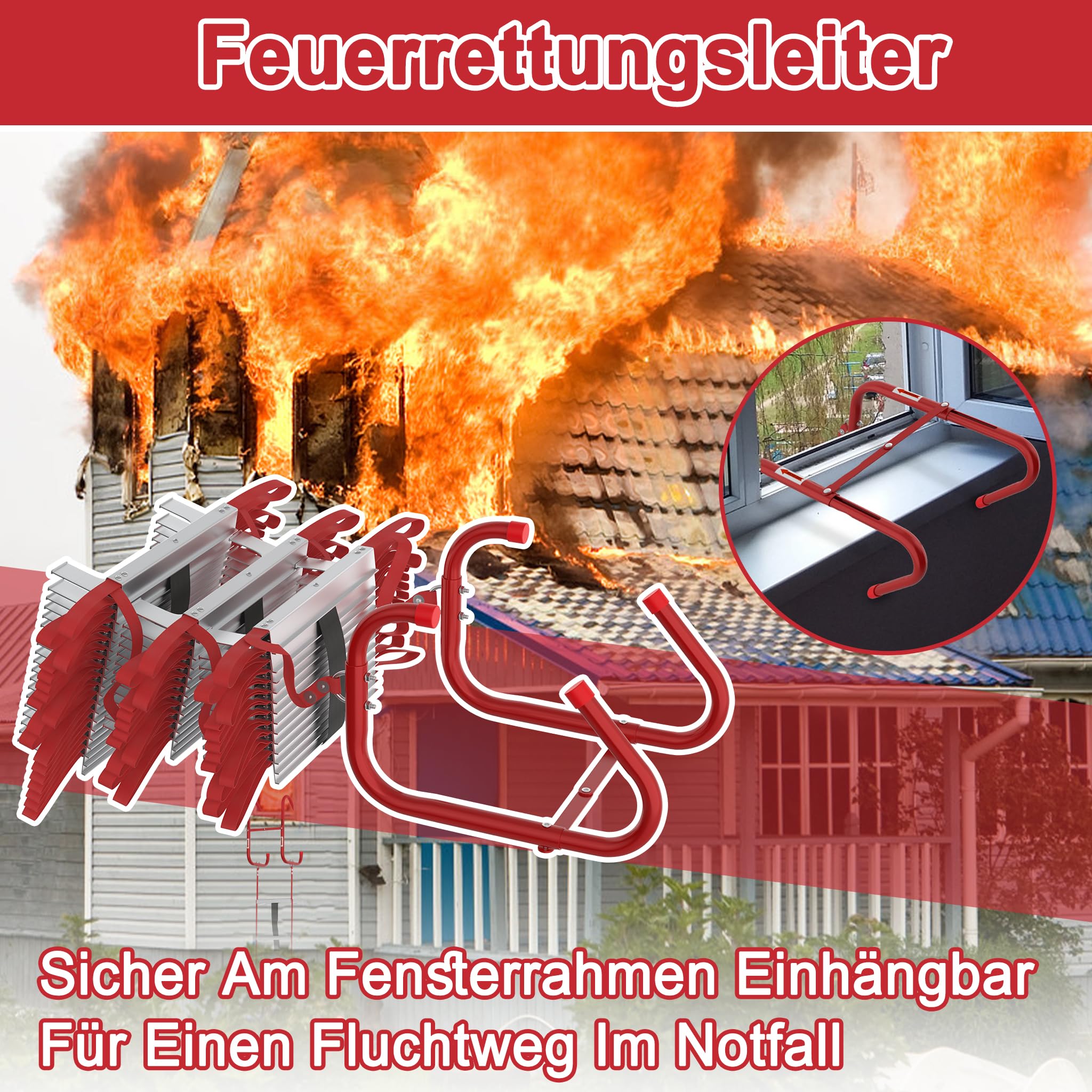 Aufun Feuerfeste Rettungsleiter, Rot Fluchtleiter Strickleiter Notleiter Mehrzweckleiter Notfallsicherheit Tragbar Klettern Rettung Seilleiter für Fenster und Balkon, bis 450 kg (15 M / 45 Sprossen)