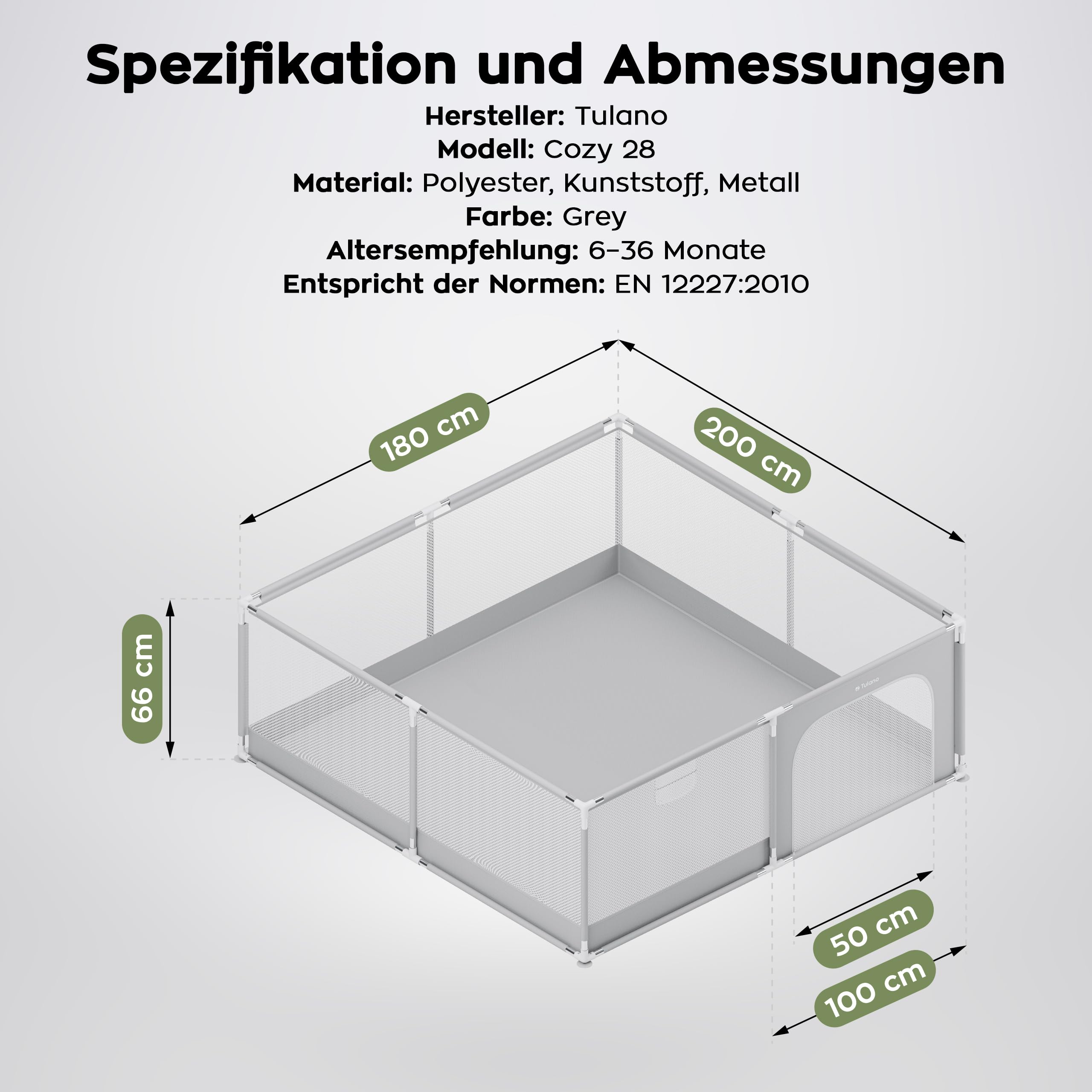 Tulano Cozy 28 Laufstall Baby 180x200 cm – Großes Laufgitter Baby mit atmungsaktivem Netz – Sicherer Playpen für Innen und Außen – Stabiler Metallrahmen – Kindgerechte Materialien – Hellgrau