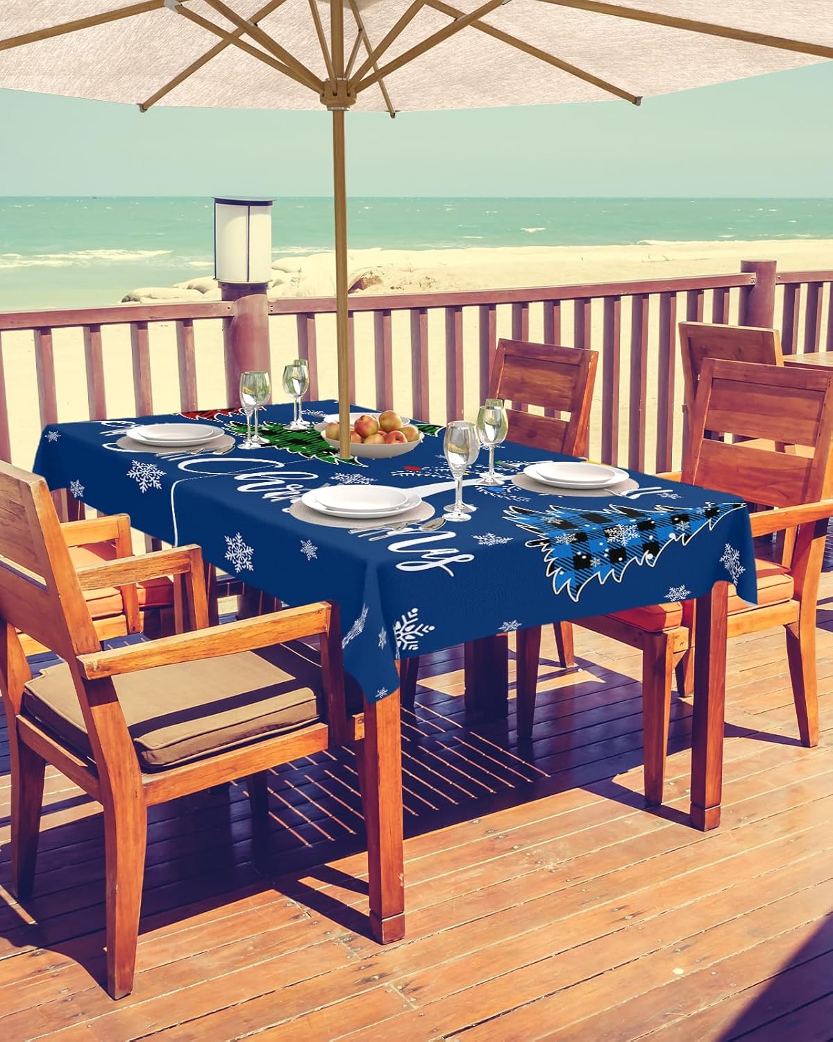Outdoor Tablecloth with Umbrella Hole & Zipper, Navy Blue Christmas Rectangle Tablecloth 60x84 Inch, Xmas Tree Winter Snowflake Patio Table Cover Waterproof Table Cloth for Picnic/Party