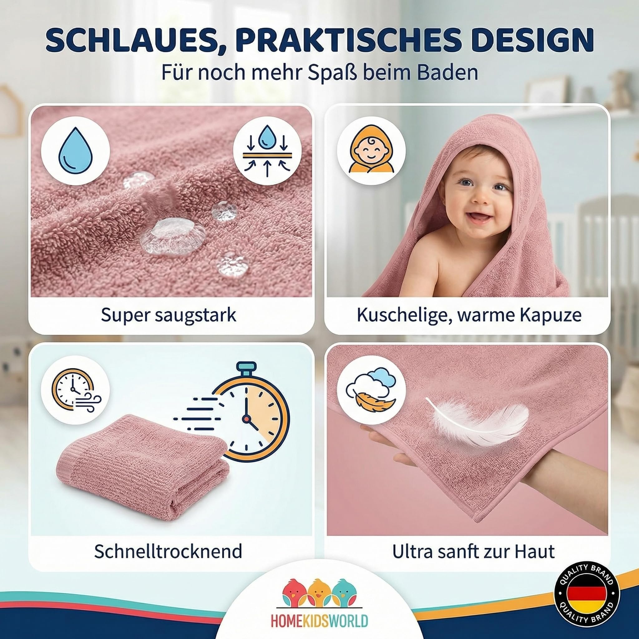 Kapuzenhandtuch Baby 100x100 cm (Rose) – Weiches & saugstarkes Badetuch mit Kapuze – Kuscheliges Handtuch für Babys & Kinder inkl. Geschenkbox