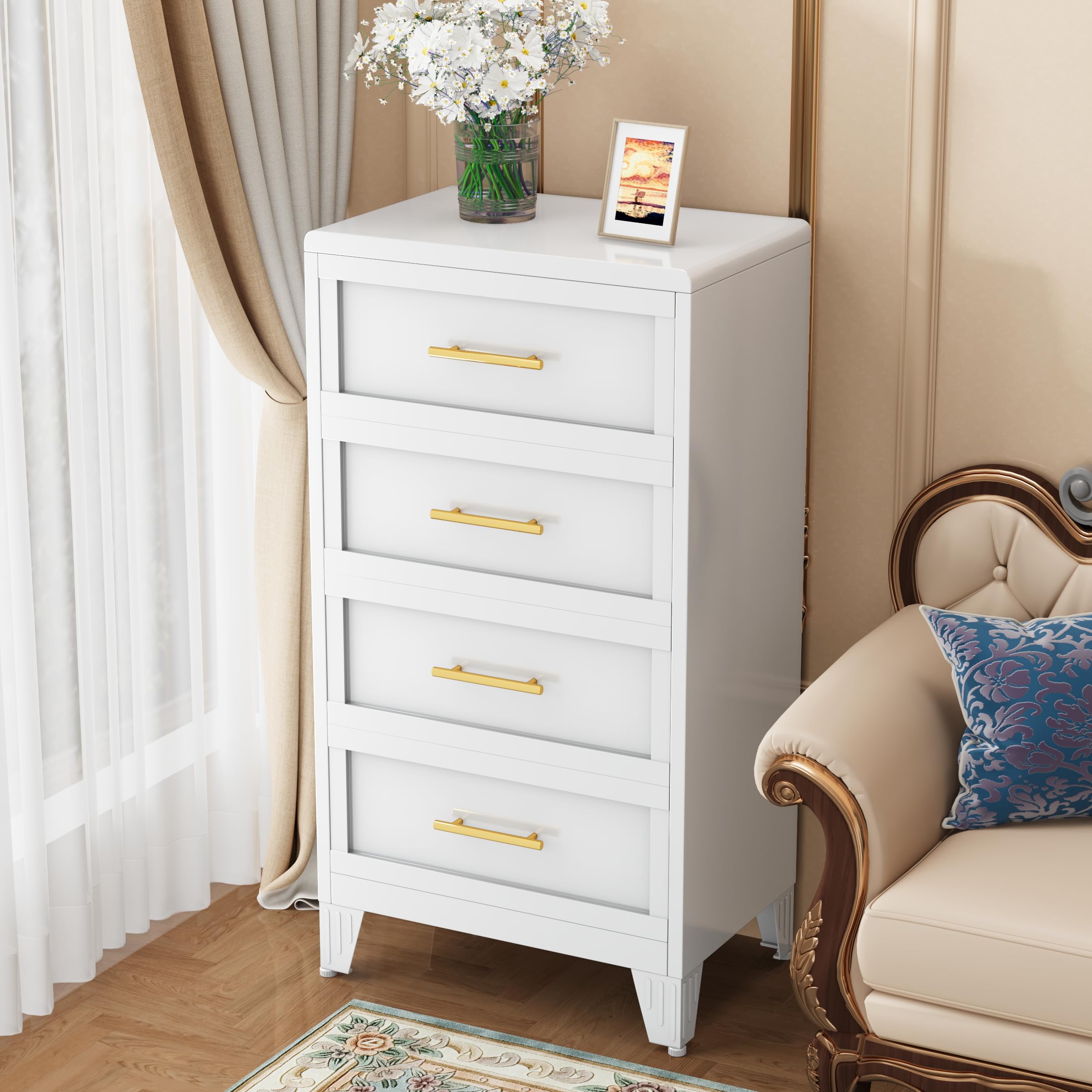 winiowa 4 Drawers Dresser for Bedroom, Metal Dresser & Chest of Drawers, Tall Storage Cabinet Drawers Organizer with Large Storage Space, Steel Chest