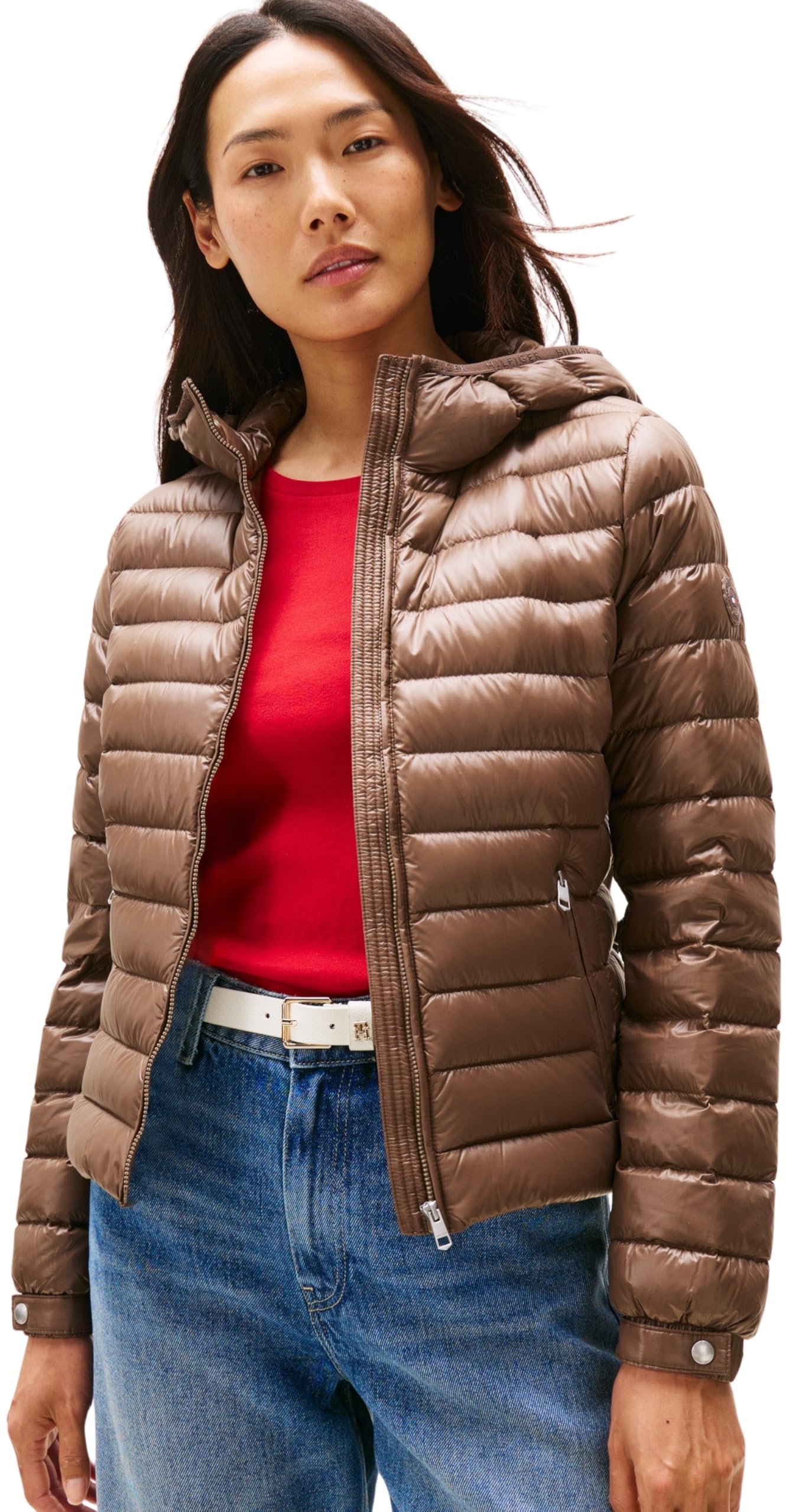 Tommy Hilfiger Women’s Hooded Down Jacket with Zip, Brown (Hot Coco), XS