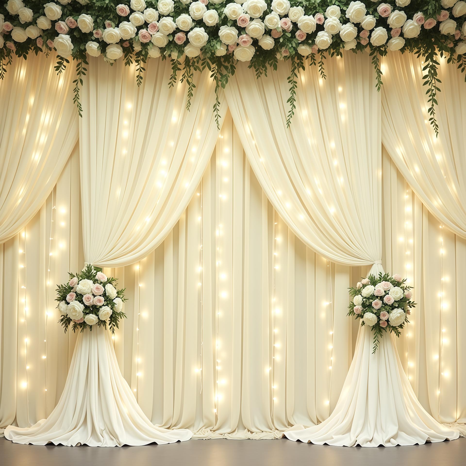 Beige Backdrop Curtains with Lights String for Parties,10x10FT Wrinkle Free Polyester Wedding Photo Backdrop Curtains for Baby Shower Birthday