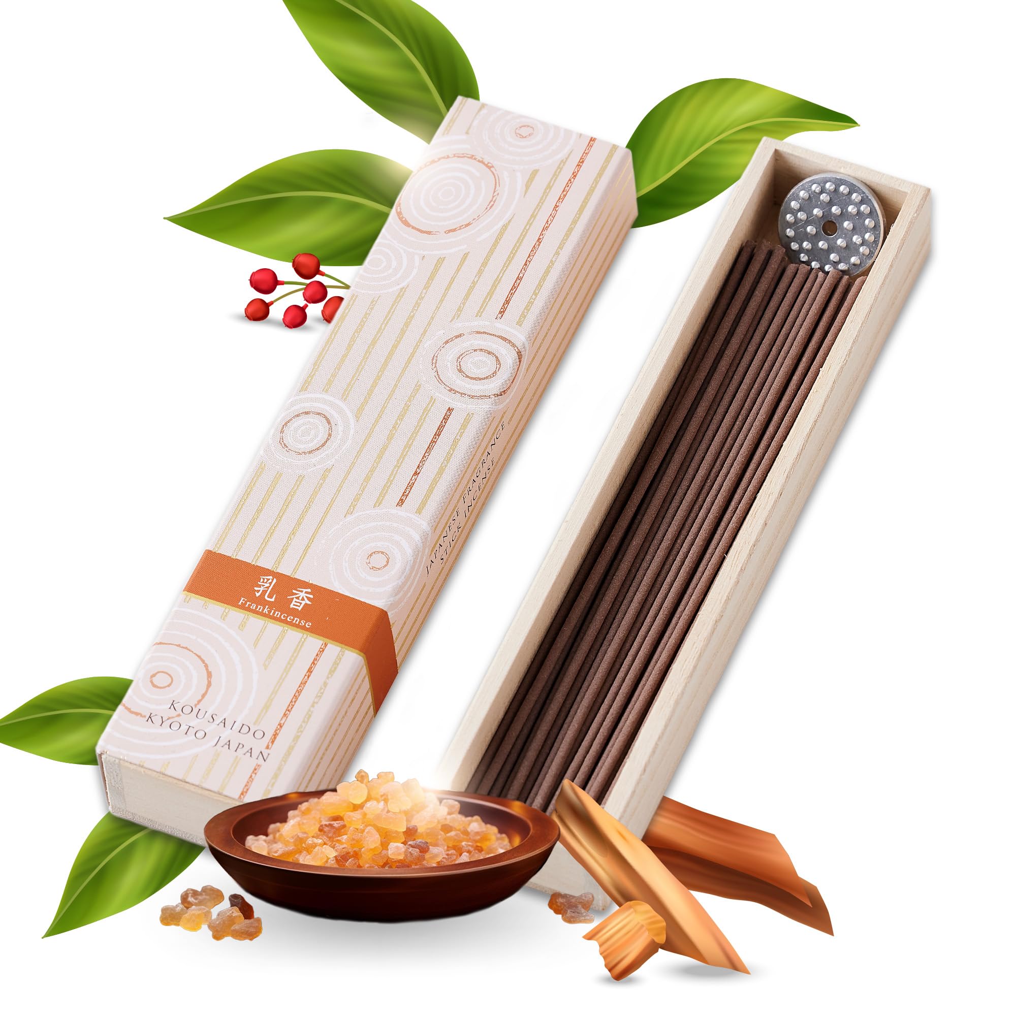 Hasegawa Hyakurakuko Premium Japanese Sandalwood Incense - Long Type, 40 Sticks with Aluminum Holder, 20-30 Min Burn Time, Made in Japan 線香 百楽香 (Frankincense)
