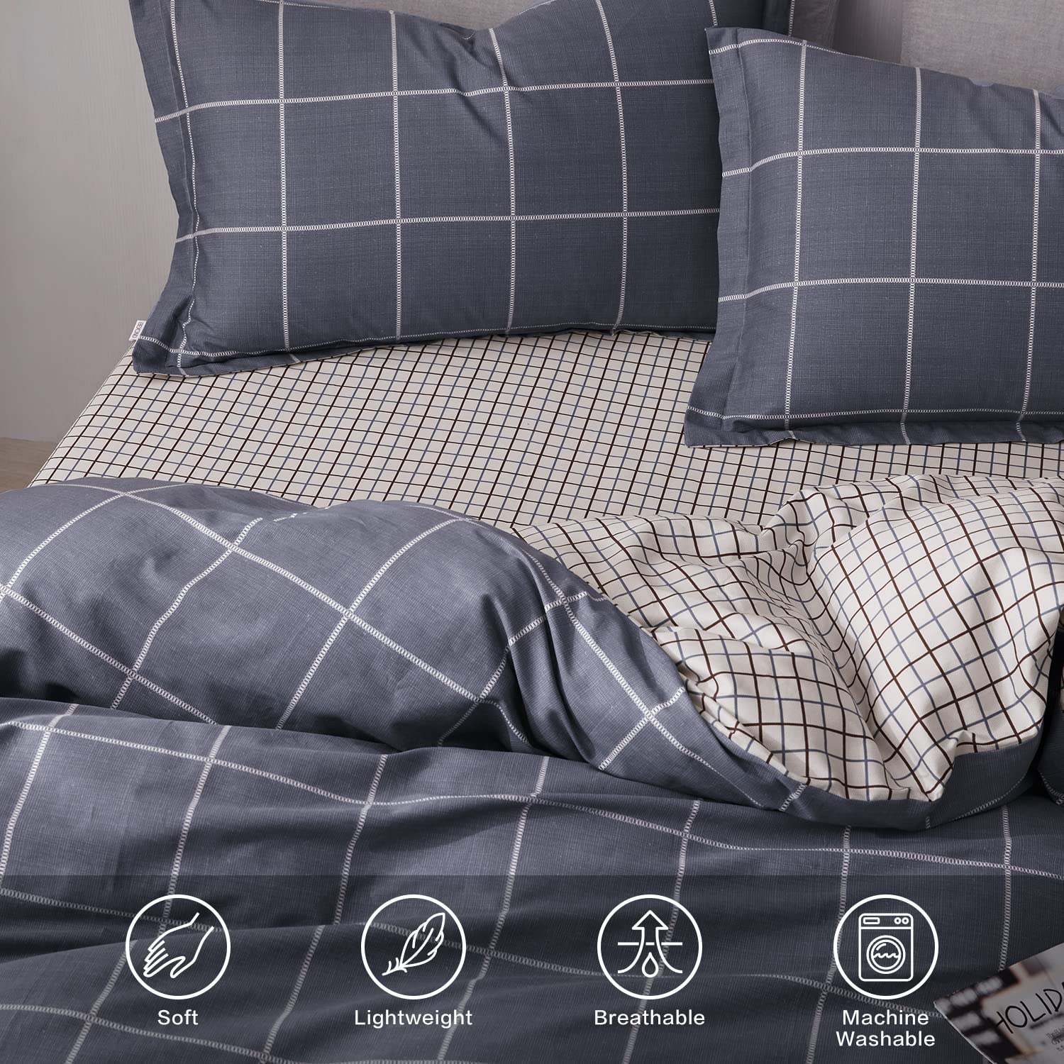 SAPHREAS Gray Plaid Duvet Cover Set 100% Cotton Single Size Comforter Cover Set 1 Duvet Cover 1 Pillow Shams - Image 4
