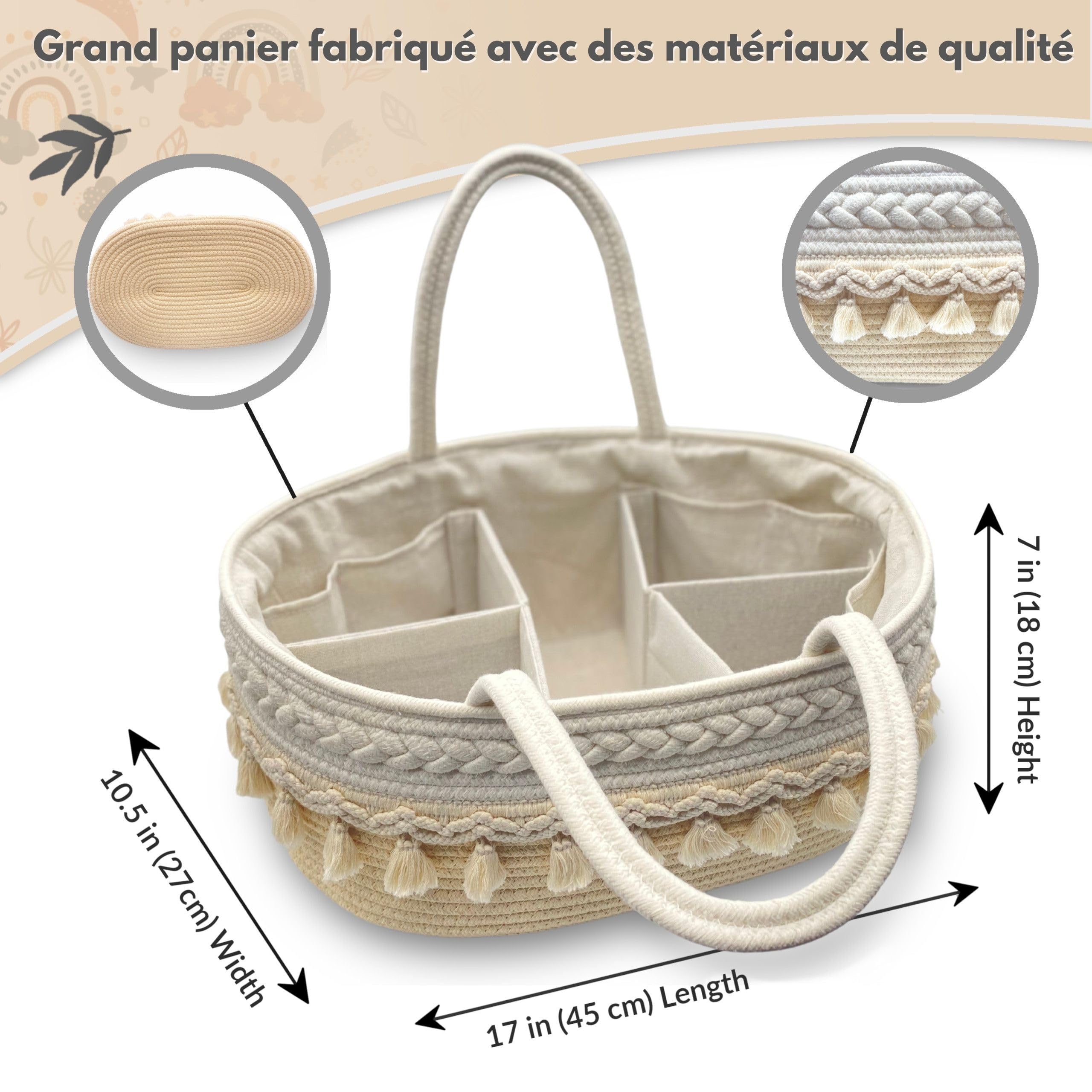 MillyBeas Organisateur de Couches Bébé, Grand Panier en Corde de Coton pour le Rangement des Couches, Diviseurs Modulables, Cadeaux pour nouveau-né