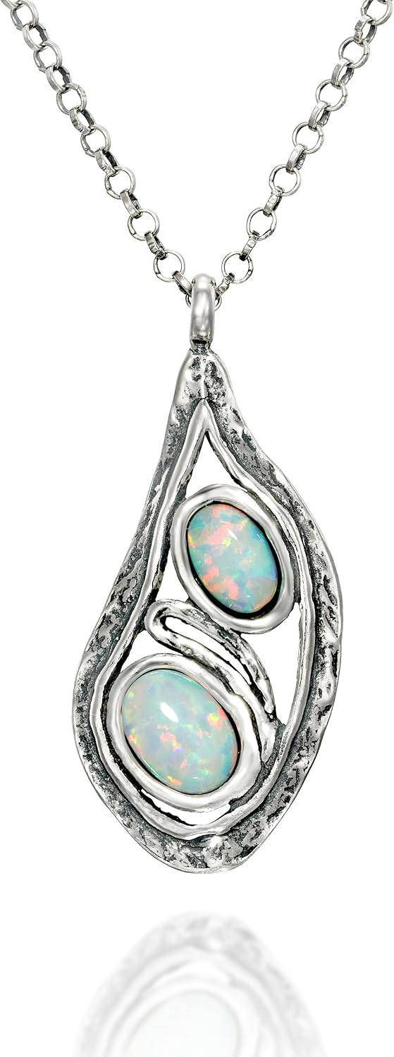 Stera Jewelry Contemporary Design Pendant with 2 Created Blue or White Opals 925 silver Necklace