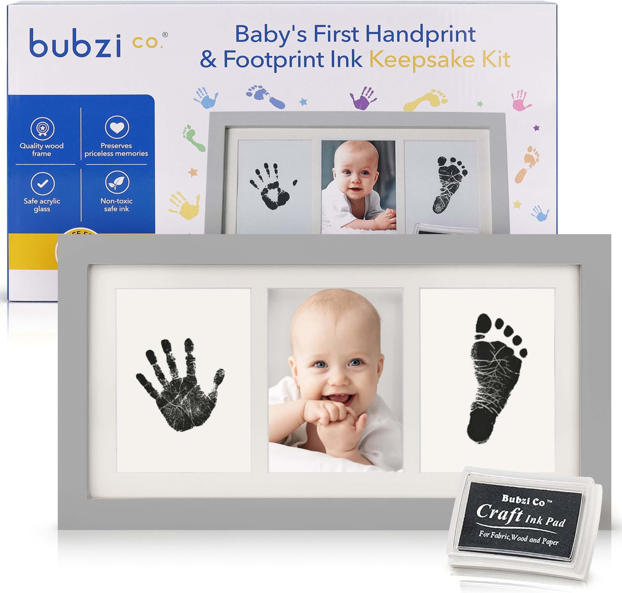 Bubzi Baby Hand & Footprint Kit - Keepsake New Mom Gift - Baby Hand Print & Footprint Kit with Ink Pad for Hand & Footprints - Unique Shower Gifts for New Parents (Cool Gray)