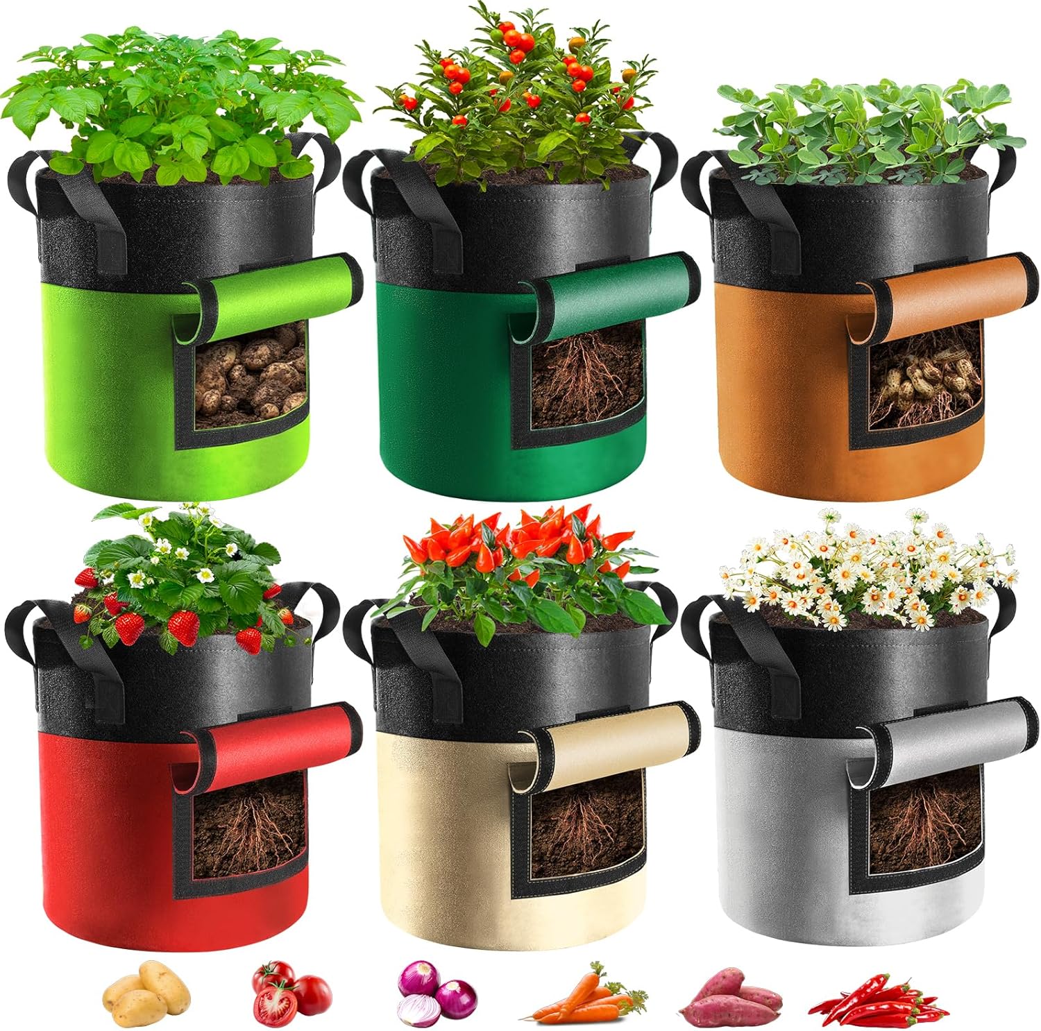 6 Pack Potato Grow Bags with Flap, 20 Gallon Grow Bags for Growing Potatoes, Colorful Durable Fabric Garden Planter Pots with Harvest Window for Tomatoes Vegetables Fruit Flowers Herbs