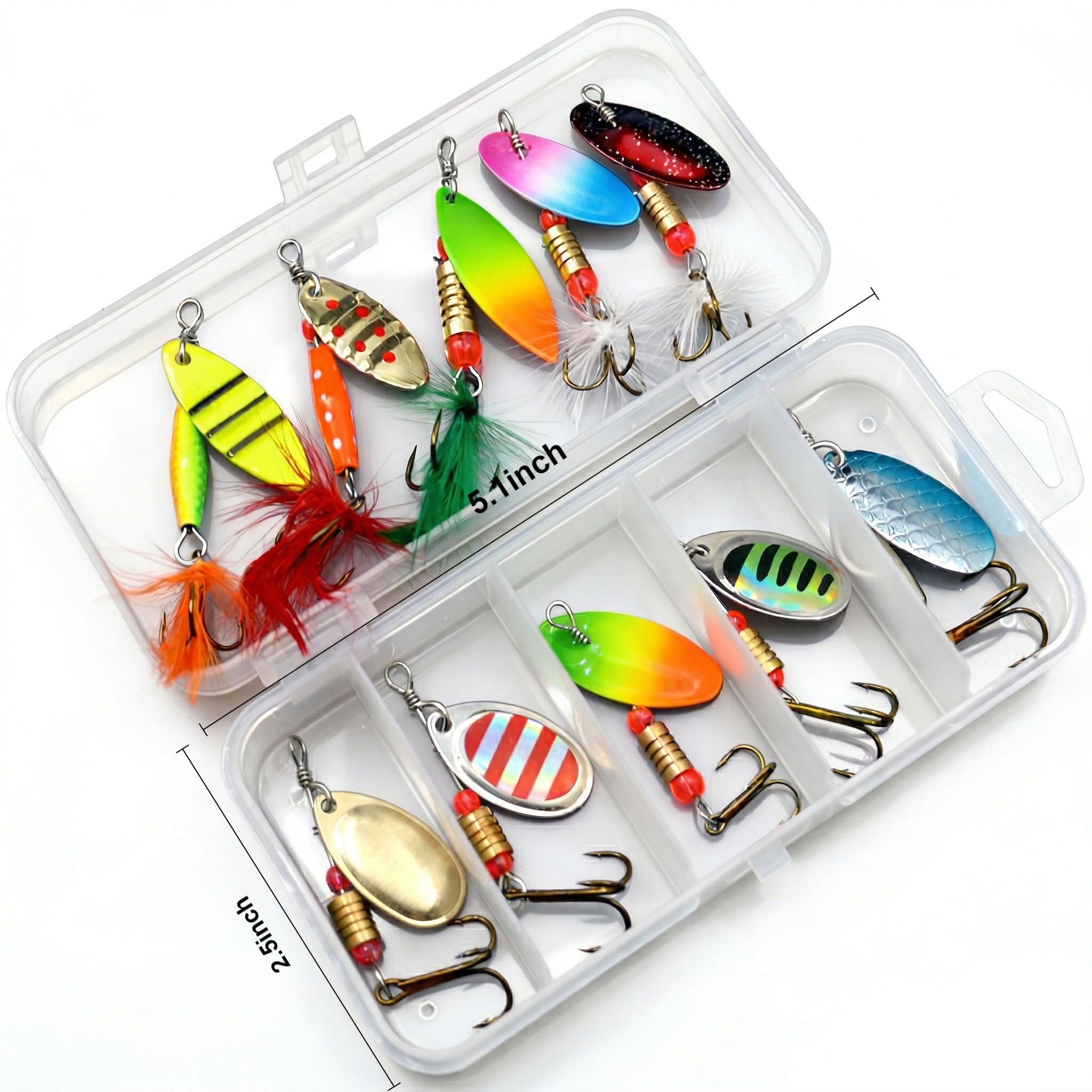 10pcs Fishing Lure Kit with 1 Tackle Box - Inline Spinner Baits & Spoon Lures for Trout, Bass, Salmon | Hard Metal Freshwater Saltwater Trout Fishing Lures & Fishing Spoons