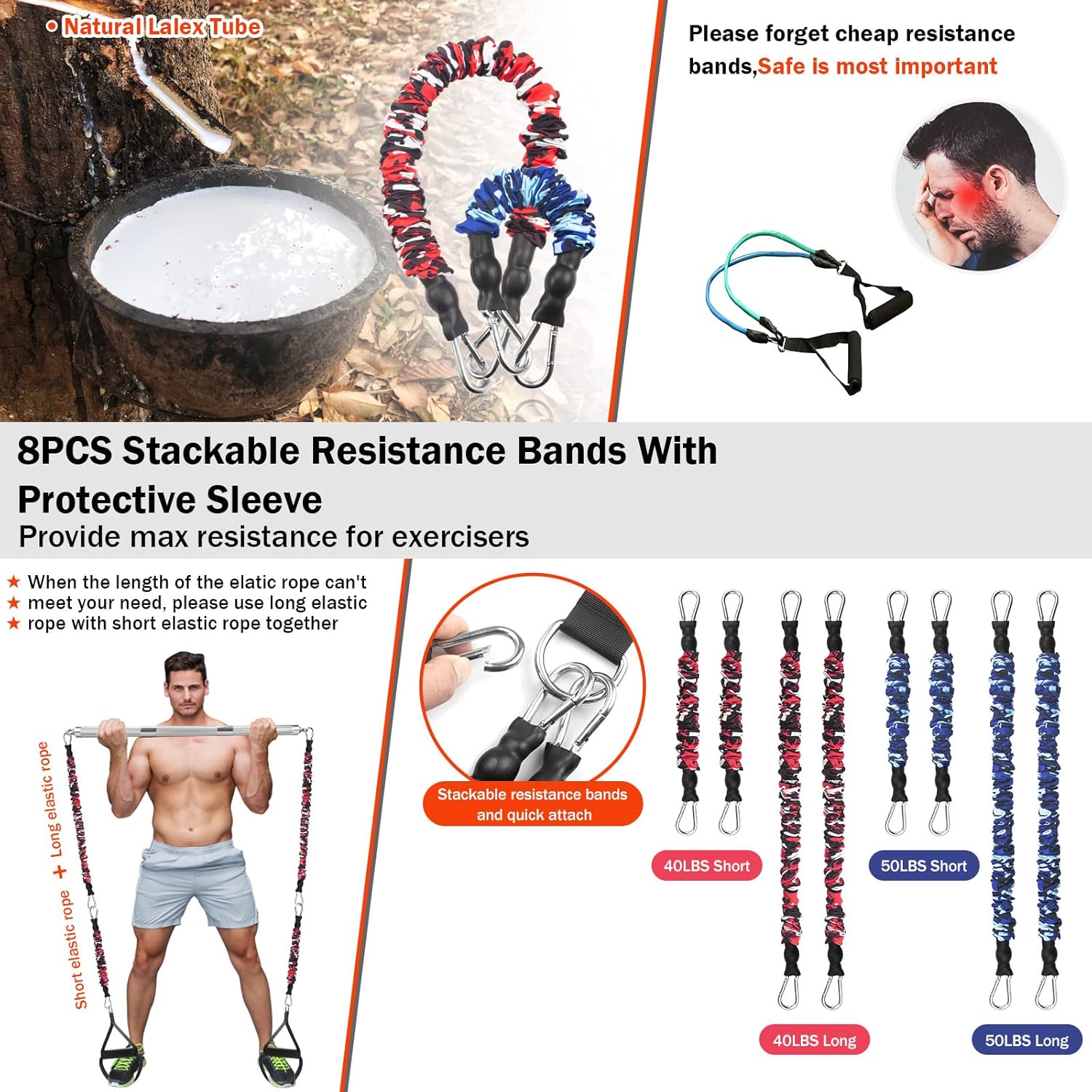 DASKING Portable Home Gym Resistance Band Set With8 Anti-Break Bands, Detachable 500LBS Pilates Bar, Full Body Workout Equipment w/Ankle Straps & Door Anchor
