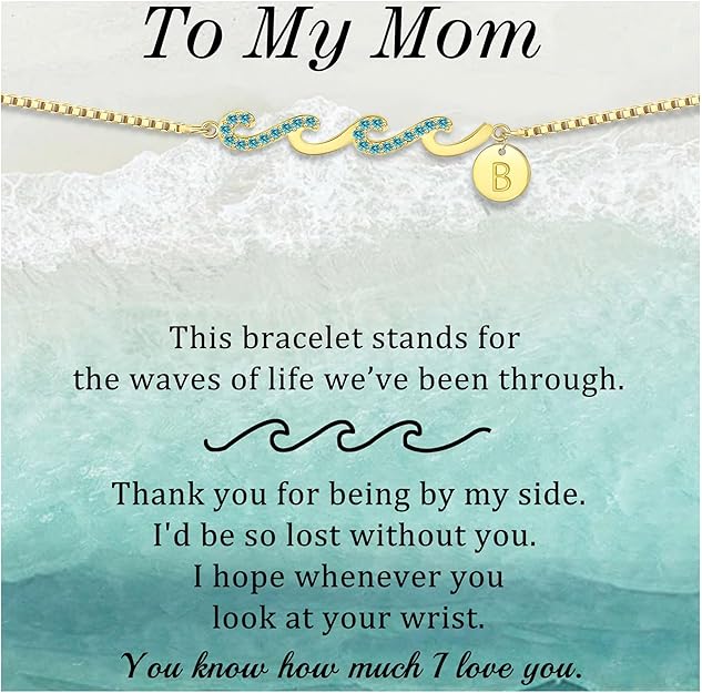 Dainty Gold Bracelet with Initials, Gifts for Women Initial Bracelets for Women Mom Gift Teen Gifts Trendy Stuff Wave Bracelet Grandma Graduation Gifts for Her 2025 Daughter Friend Letter A-Z Birthday Christmas Jewelry