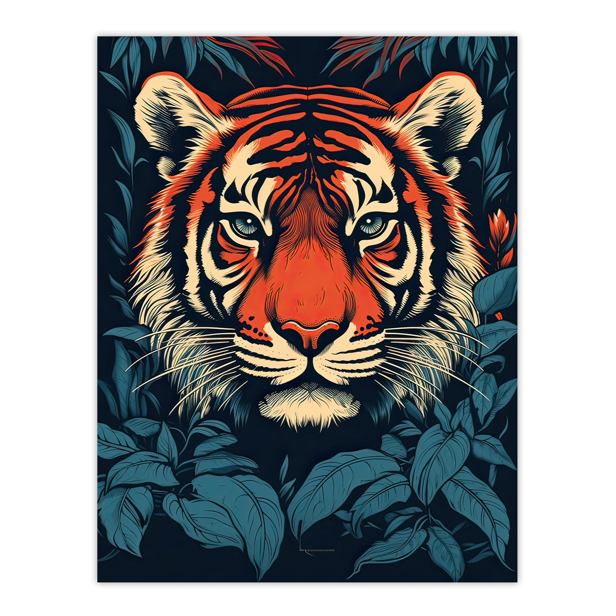 Artery8 Fierce Bengal Tiger Emerging from Bushes Wildlife Painting Blue Orange Botanical Portrait Extra Large XL Wall Art Poster Print
