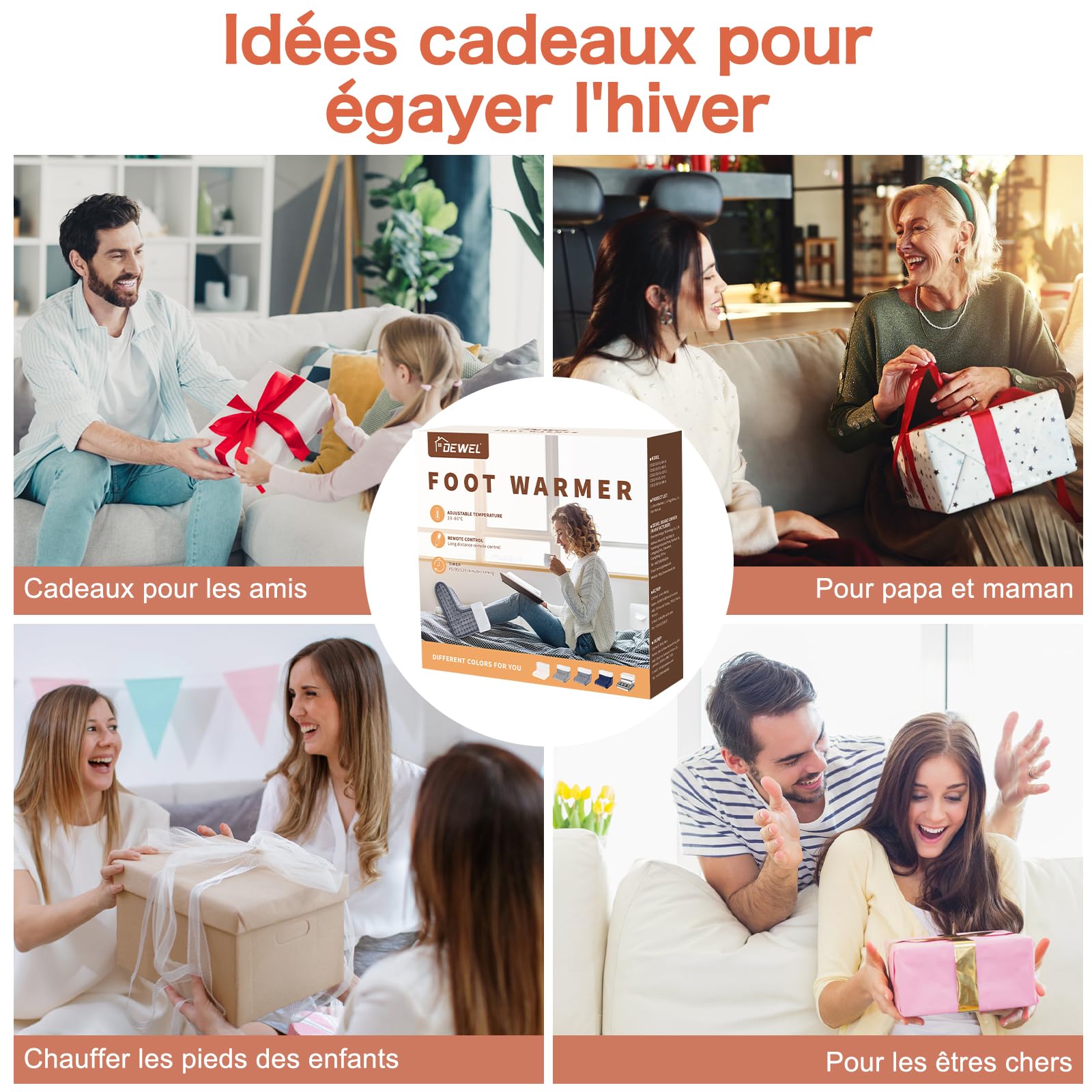 DEWEL Chauffe-pieds électrique 90 W 10 Niveaux de Température 30-60 ℃ Minuterie 45/90/120 min Doublure Amovible et Lavable Jusqu'à la Taille 44