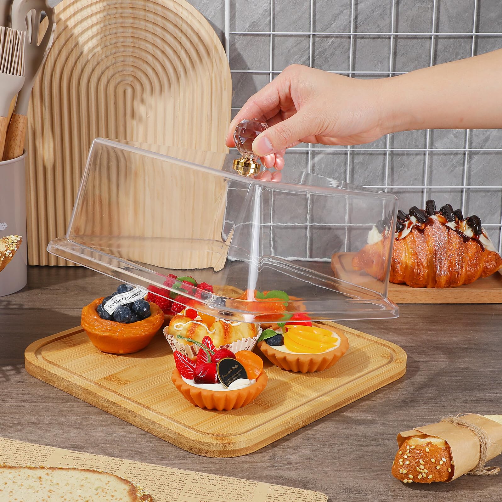 Queseras con Tapa de Cristal y Soportes de Madera para Pasteles con Plato con Tapa, Diseño Simple para Conservar y Mantener la Comida Limpia