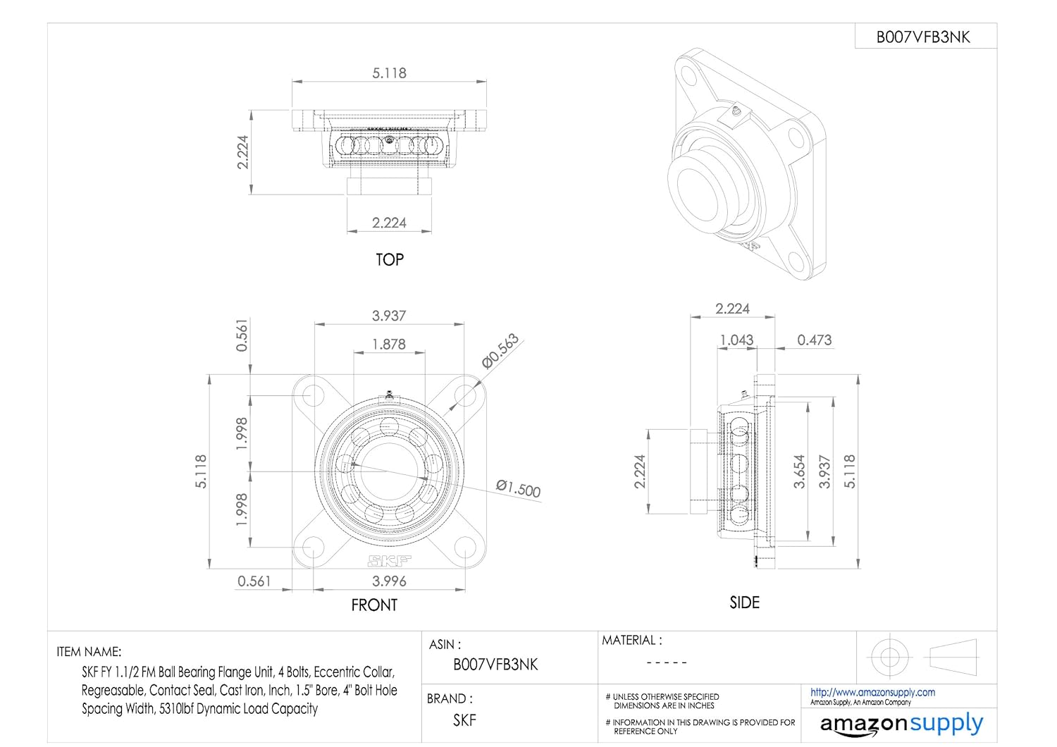 SKF F4B 108-FM Ball Bearing Flange Unit, 4 Bolts, Eccentric Collar, Regreasable, Contact Seal, Cast Iron, 1-1/2" Bore, 4" Bolt Hole Spacing Width, 5310lbf Dynamic Load Capacity