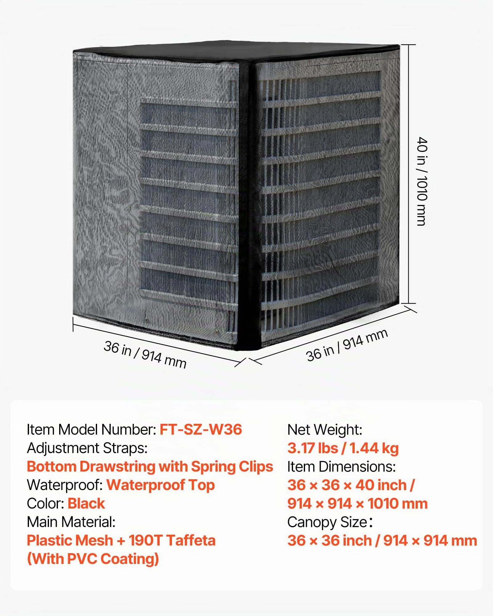 VEVOR Funda Protectora para Aire Acondicionado de Exterior, 914 x 914 x 1010 mm, de Dos Capas, con Techo Extraíble, de Poliéster Resistente al Agua y Malla Transpirable, Universal, Color Negro