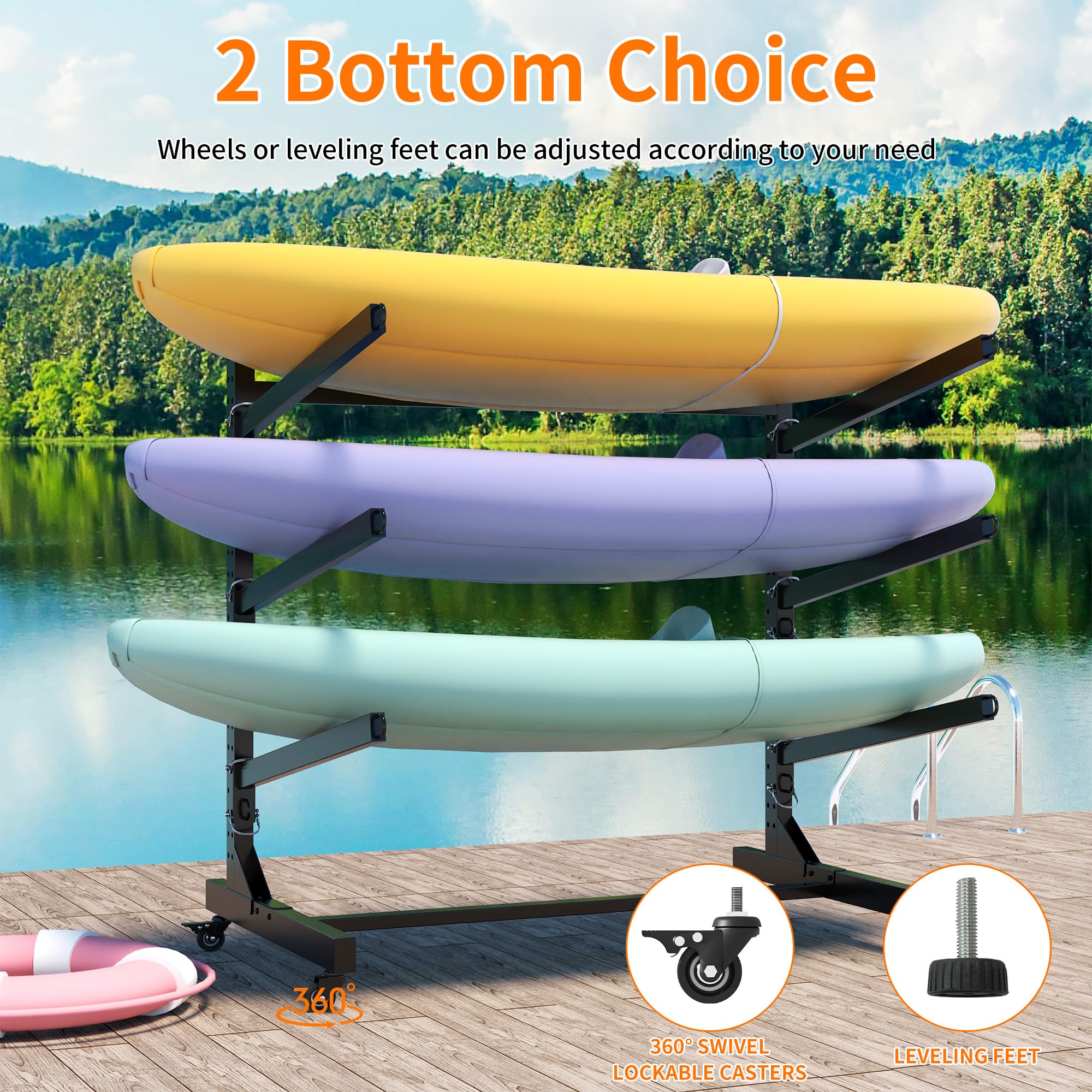 Freestanding Kayak Storage Rack, Heavy-Duty Adjustable Stand with Lockable Wheels for Kayak, Canoe, SUP & Surfboard (Hold 3 Kayaks)