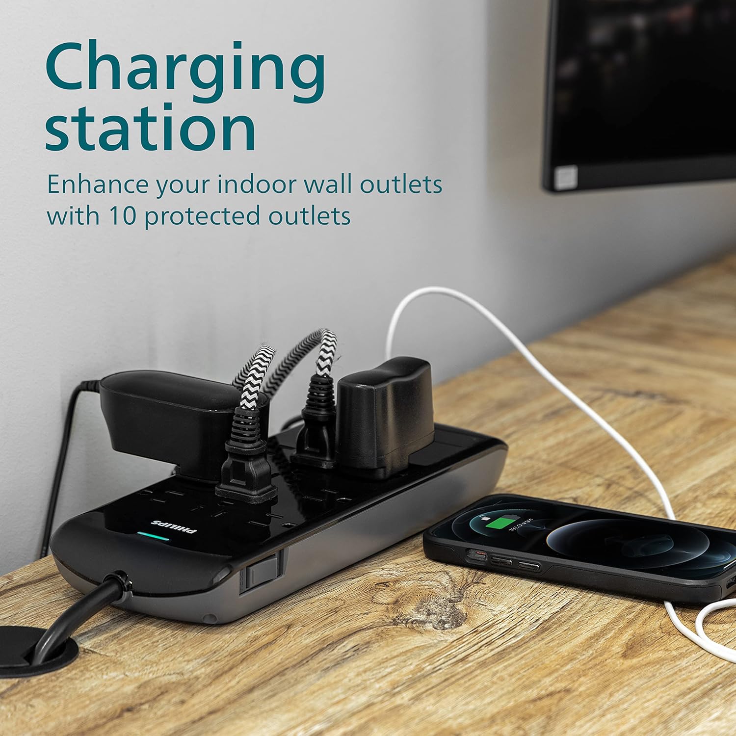 Philips 10 Outlet Power Strip Surge Protector, 2 USB Charging Ports, 6ft Long Power Cord, Flat Plug, Wall Mount, 2880 Joules, ETL Listed, Circuit Breaker, Automatic Shutdown, Black, SPP6710BC/37