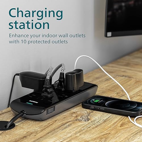 Miniatura 4 de Philips Regleta protectora contra sobretensiones de 10 tomas, 2 puertos de carga USB, cable de alimentación de 6 pies de largo, enchufe plano,