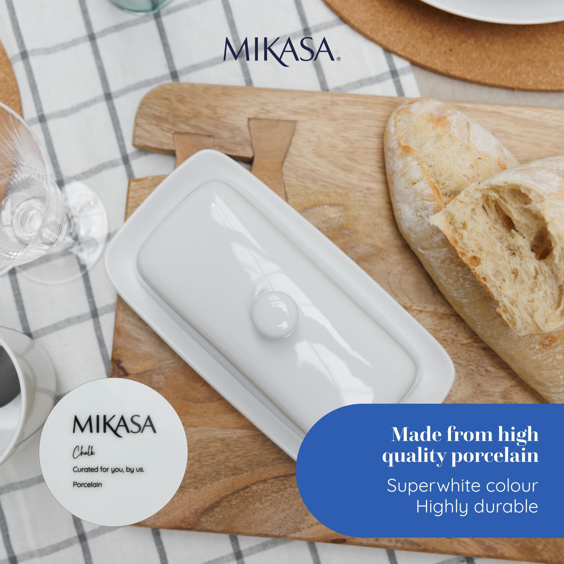 Mikasa Chalk Porcelanowy pojemnik na masło z pokrywką, 21 cm | Biały pojemnik na śniadanie i kolację | Duży pojemnik na masło | Myj w zmywarce, idealny na prezent