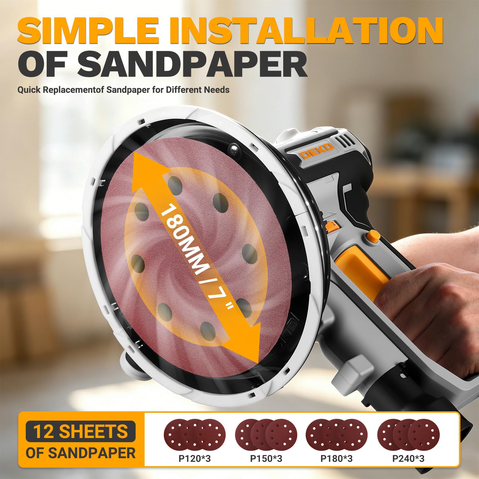 DEKO Levigatrice Muro 710W 6 Velocità, con Aspiratore LED, per Cartongesso | 1000-2100 Giri/min, Ø 180mm, Tubo Flessibile e 12 Dischi di Levigatura, Levigatrice Manuale per Pareti Intonaco e Soffitti