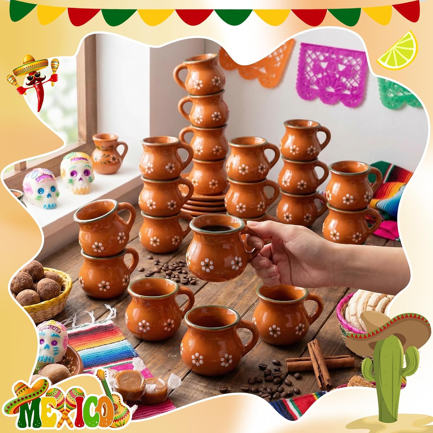 12 Pcs 3oz Cantaritos De Barro Mexican Terracotta Clay Mugs with Handles Mexican Coffee Mugs Clay Cups for Tequila, Margaritas, Mojitos Cold Hot Drinks