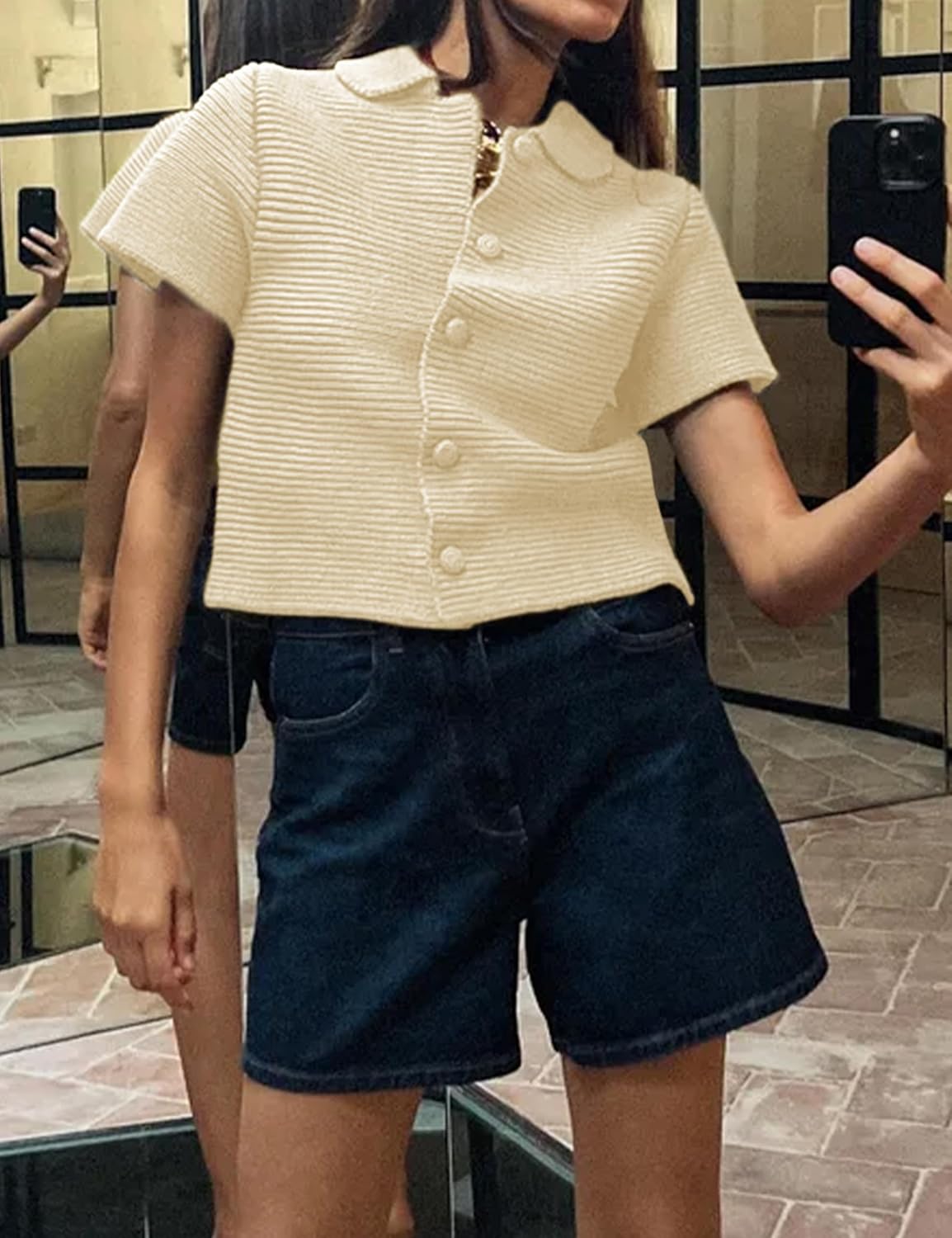 Tanming Womens Cardigan Sweaters Soft Chunky Knit Top Short Sleeve Button Loose Outerwear Sweater - Image 3