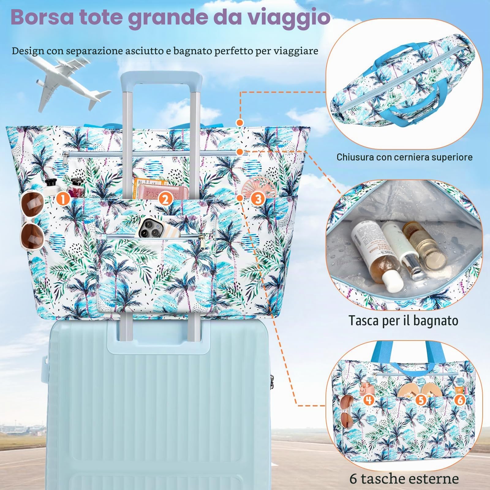 Borsa Mare Donna Grande XXL Famiglia 50L Impermeabile Borsa da Spiaggia con Cerniera Borse Mare Uomo Pieghevole Beach Tote Bag con 14 Taschen per Viaggio Shopping Picnic (Blu Foglie)