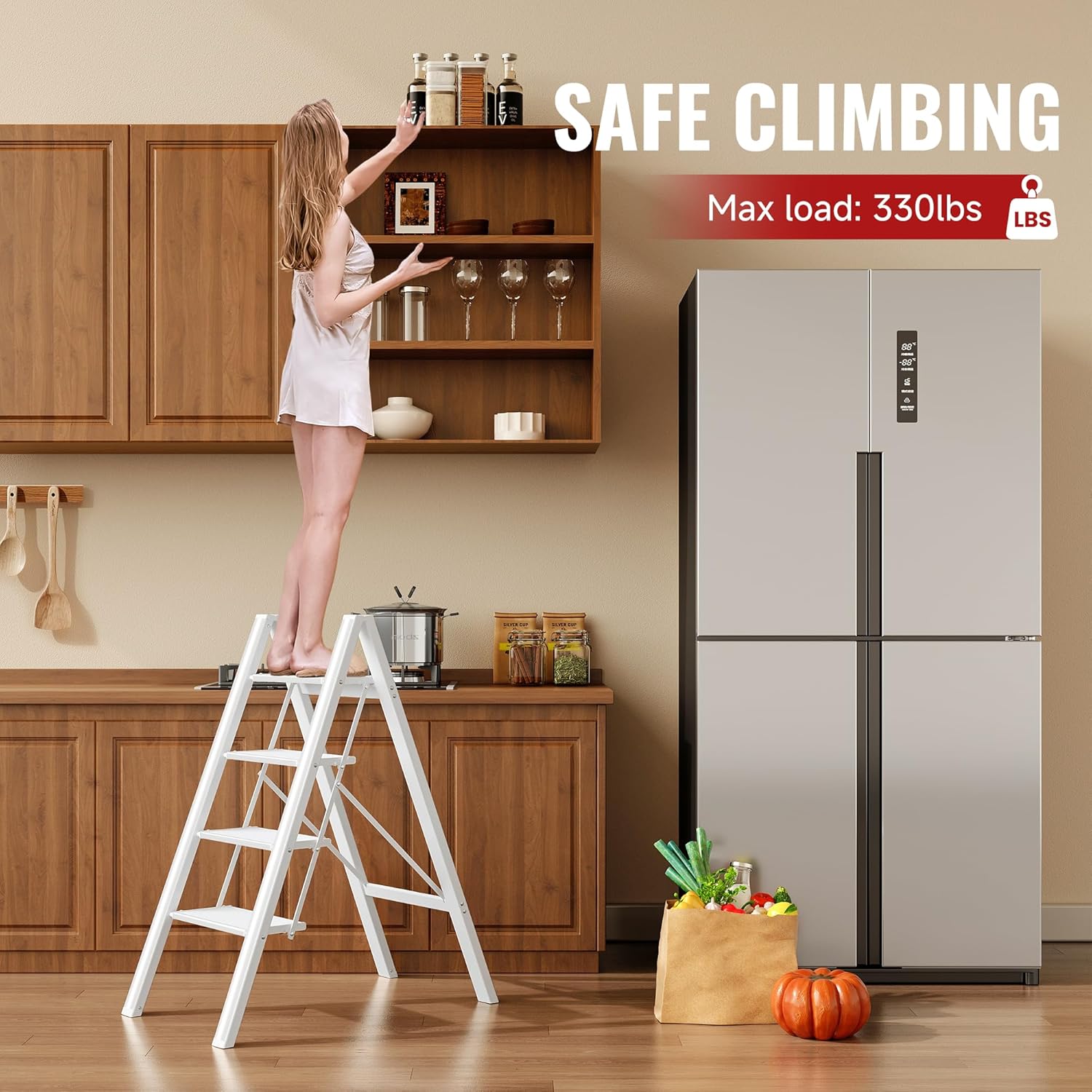 gamegem 4 step ladder, aluminum folding step stool with anti-slip sturdy and wide pedal, lightweight portable stepladder for home and kitchen use, cream white, 330 lbs cream white 4 step