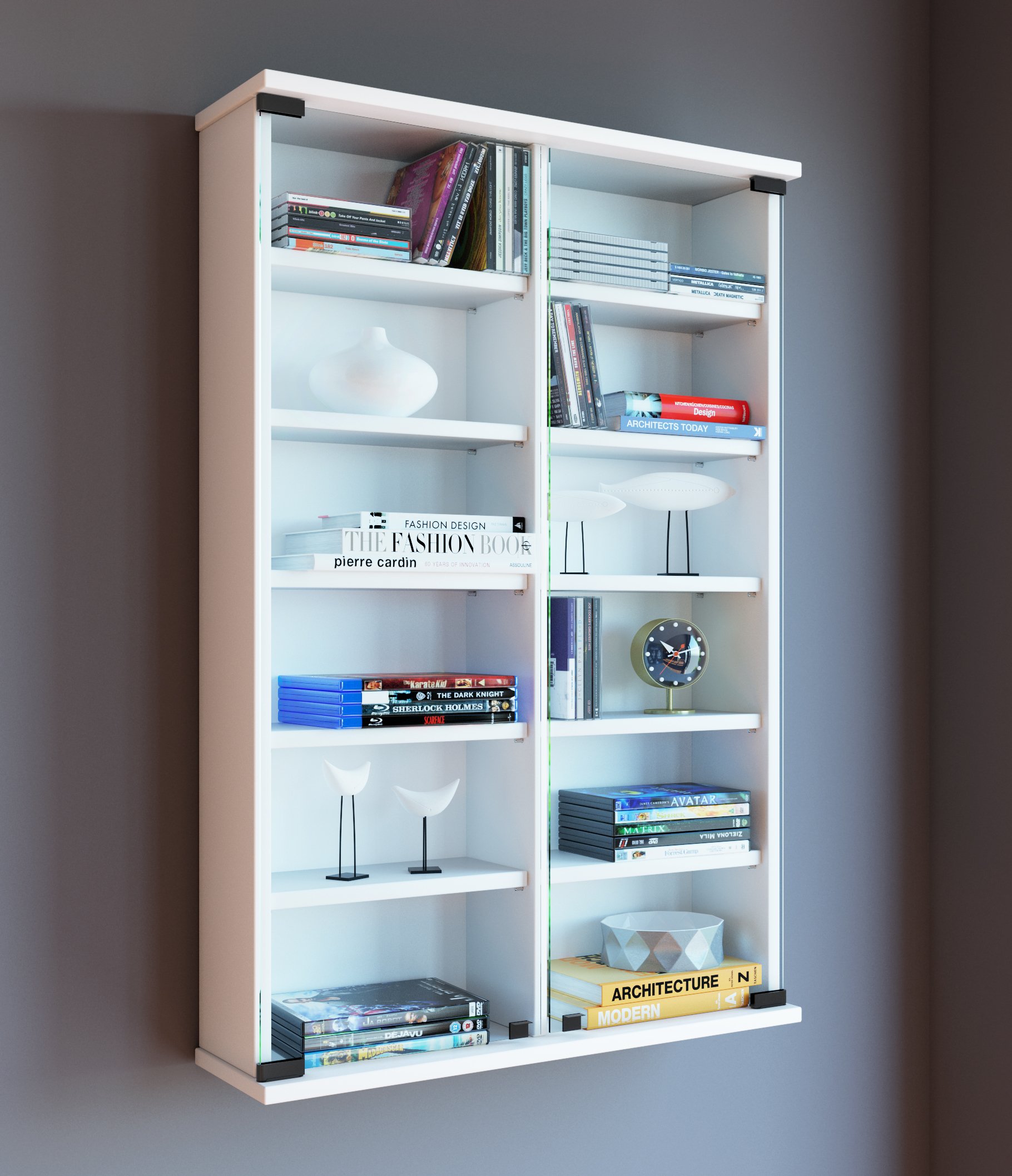 VCM Holz CD DVD Wandregal/Wandvitrine | Vitrine mit 2 ESG-Sicherheitsglastüren. | Maße: H. 92 x B. 60 x T. 18 cm | 10 variable Einlegeböden - Zuntisa Weiß