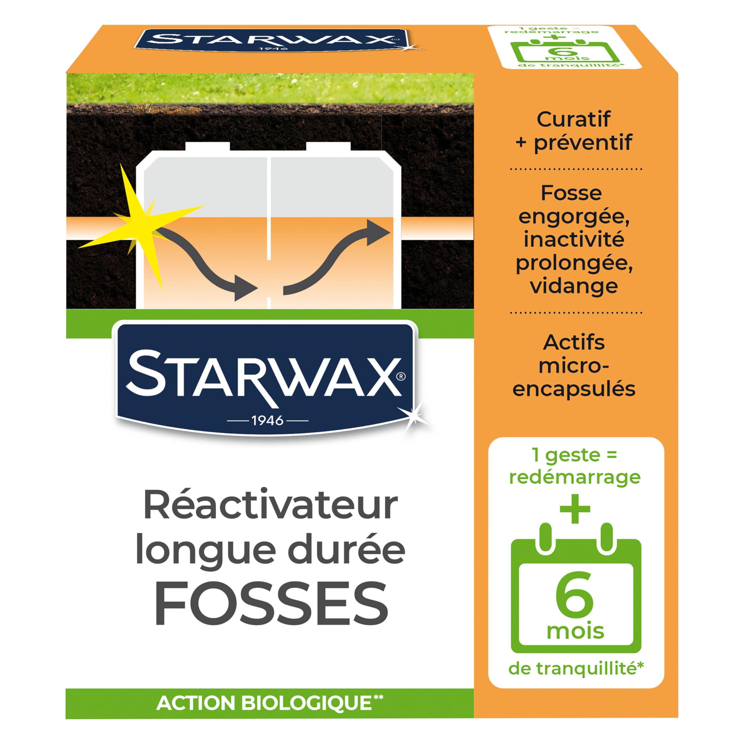 STARWAX Ré-activateur longue durée pour fosses septiques 500g | Réactive les fosses engorgées ou après vidange, 1 geste pour 6 mois de tranquillité, micro-capsules à effet retard