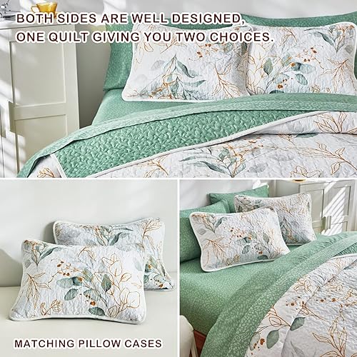 Miniatura 6 de Joyreap Juego de edredón floral California King, 102 x 114 pulgadas, diseño reversible de hojas verdes botánicas sobre blanco, 3 piezas para todas