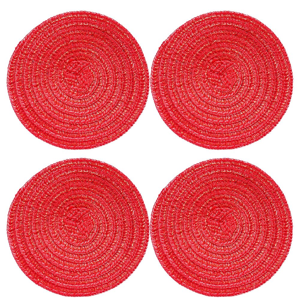 SCF2017 Round Woven Cotton Yarn Coasters for Drink Cup Mats 11cm Small Cute Placemats Set of 4,Red