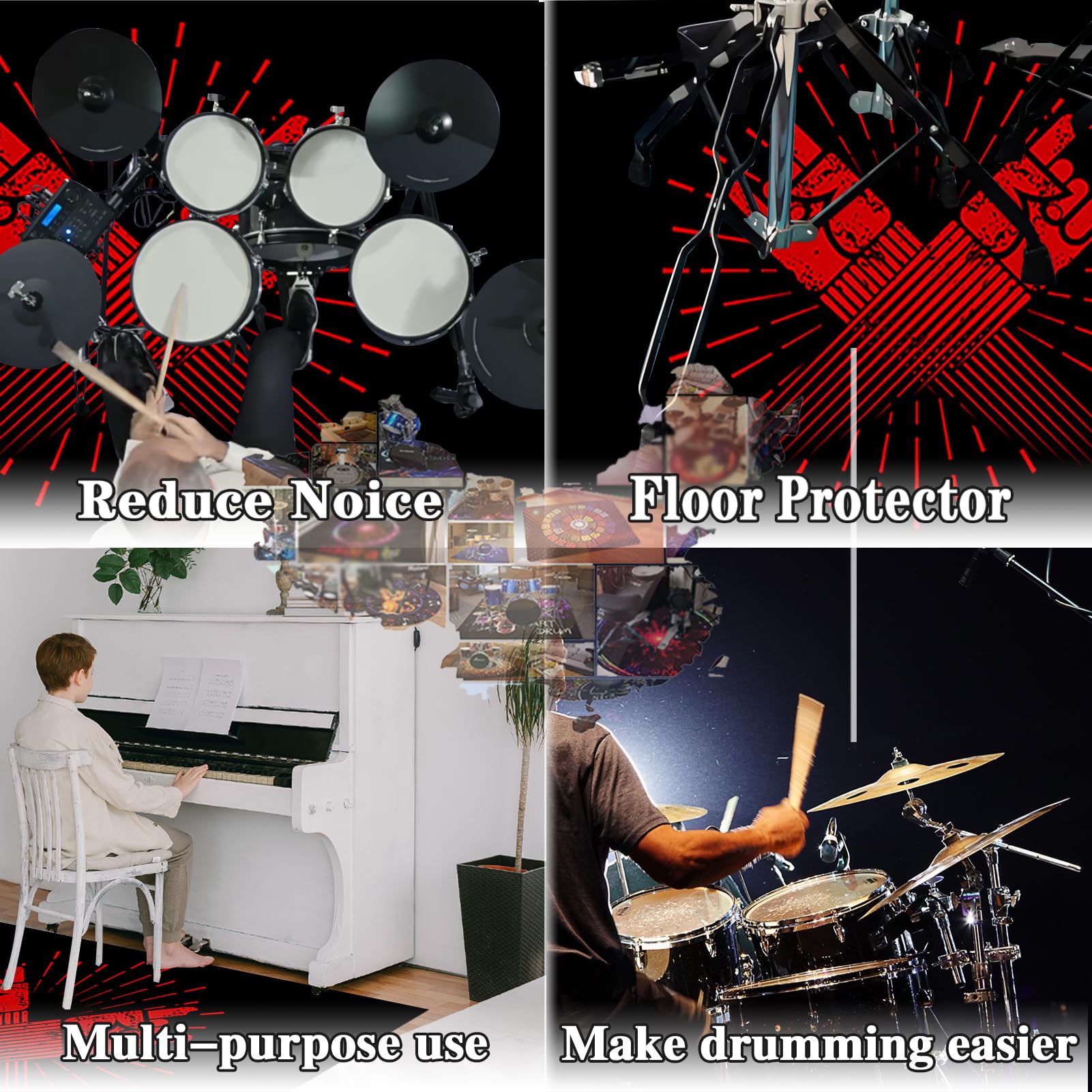 Tappeto per Batteria Professionale Tappeto Insonorizzato Tappeto a Tamburo Tappeti Antiscivolo elettronico Drum Tappeto Kit per Grancassa Tamburo Rullante e Altri Strumenti Drum Rugs 230 x 180 cm